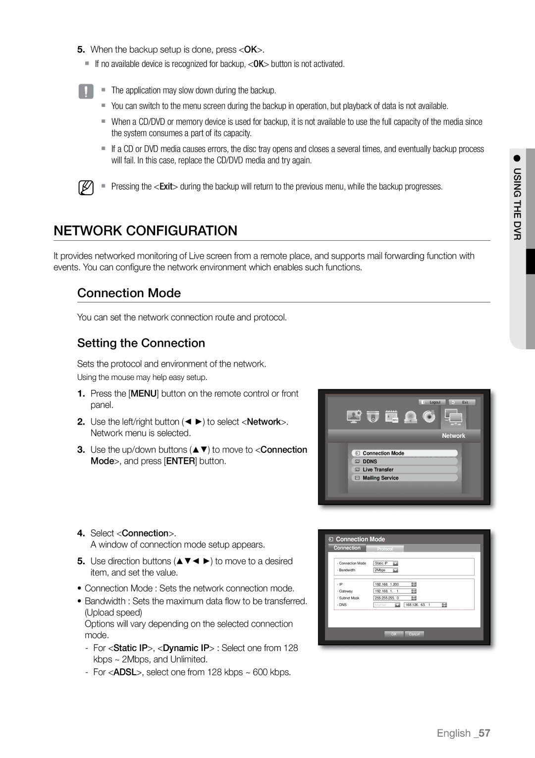 Samsung SHR-6082N, SHR-6163P, SHR-6080P, SHR-6160P, SHR-6082P Network Configuration, Connection Mode, Setting the Connection 