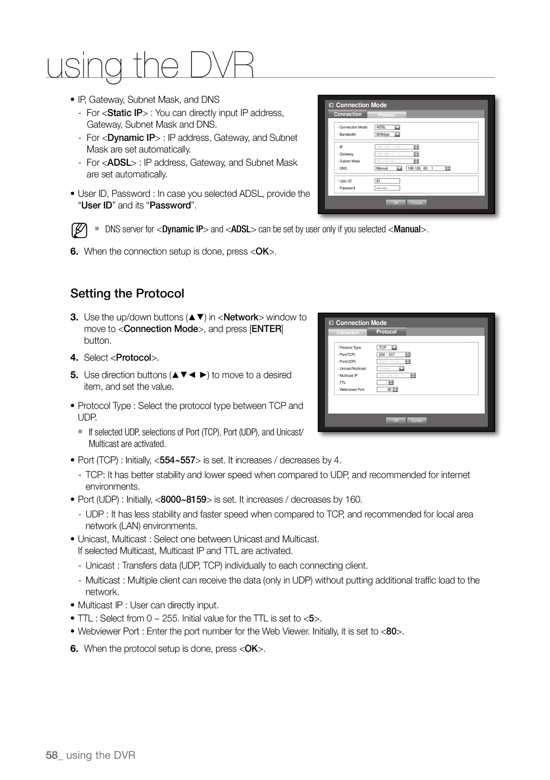 Samsung SHR-6162N, SHR-6163P manual Setting the Protocol, Move to Connection Mode, and press Enter, Button, Select Protocol 