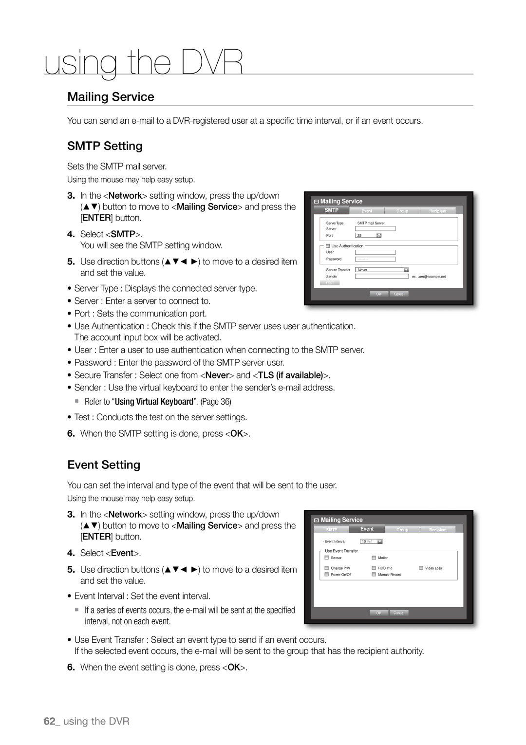 Samsung SHR-6160P, SHR-6163P, SHR-6080P, SHR-6082P, SHR-6162P, SHR-6164P manual Mailing Service, Smtp Setting, Event Setting 