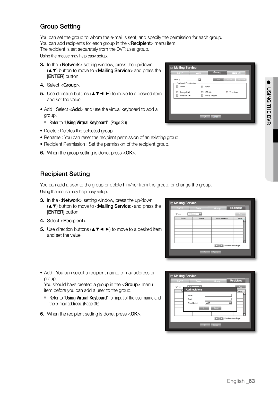 Samsung SHR-6082P, SHR-6163P, SHR-6080P, SHR-6160P, SHR-6162P, SHR-6164P/CDM, SHR-6082N Group Setting, Recipient Setting 