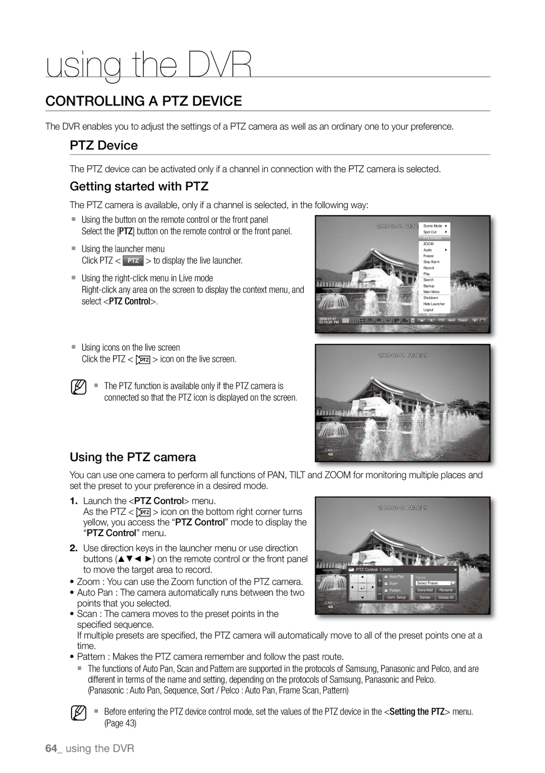 Samsung SHR-6162P, SHR-6163P, SHR-6080P, SHR-6160P Controlling a PTZ Device, Getting started with PTZ, Using the PTZ camera 