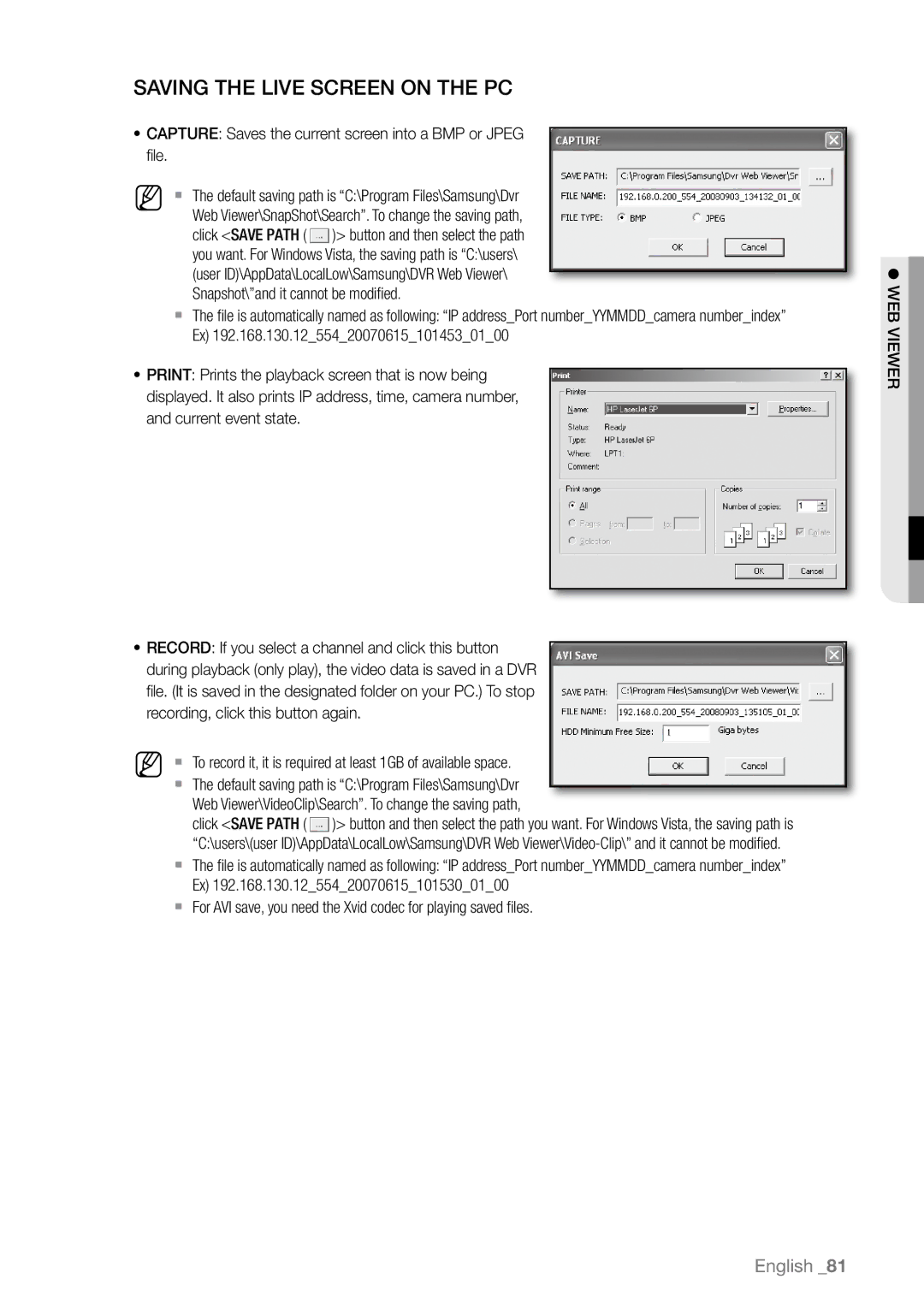 Samsung SHR-6080P, SHR-6163P, SHR-6160P, SHR-6082P, SHR-6162P, SHR-6164P/CDM, SHR-6082N Saving the Live Screen on the PC 