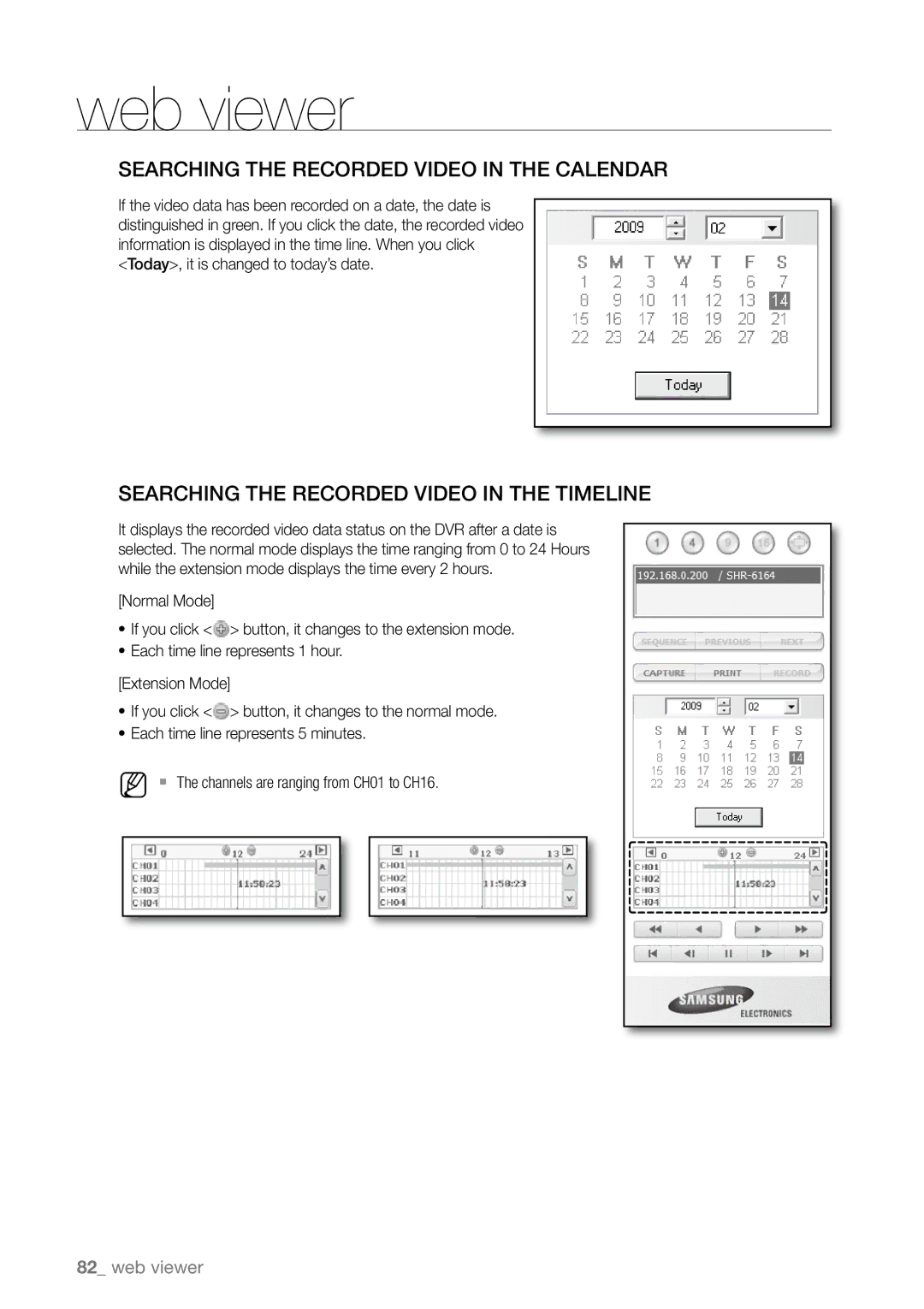 Samsung SHR-6160P, SHR-6163P Searching the Recorded Video in the Calendar, Searching the Recorded Video in the Timeline 