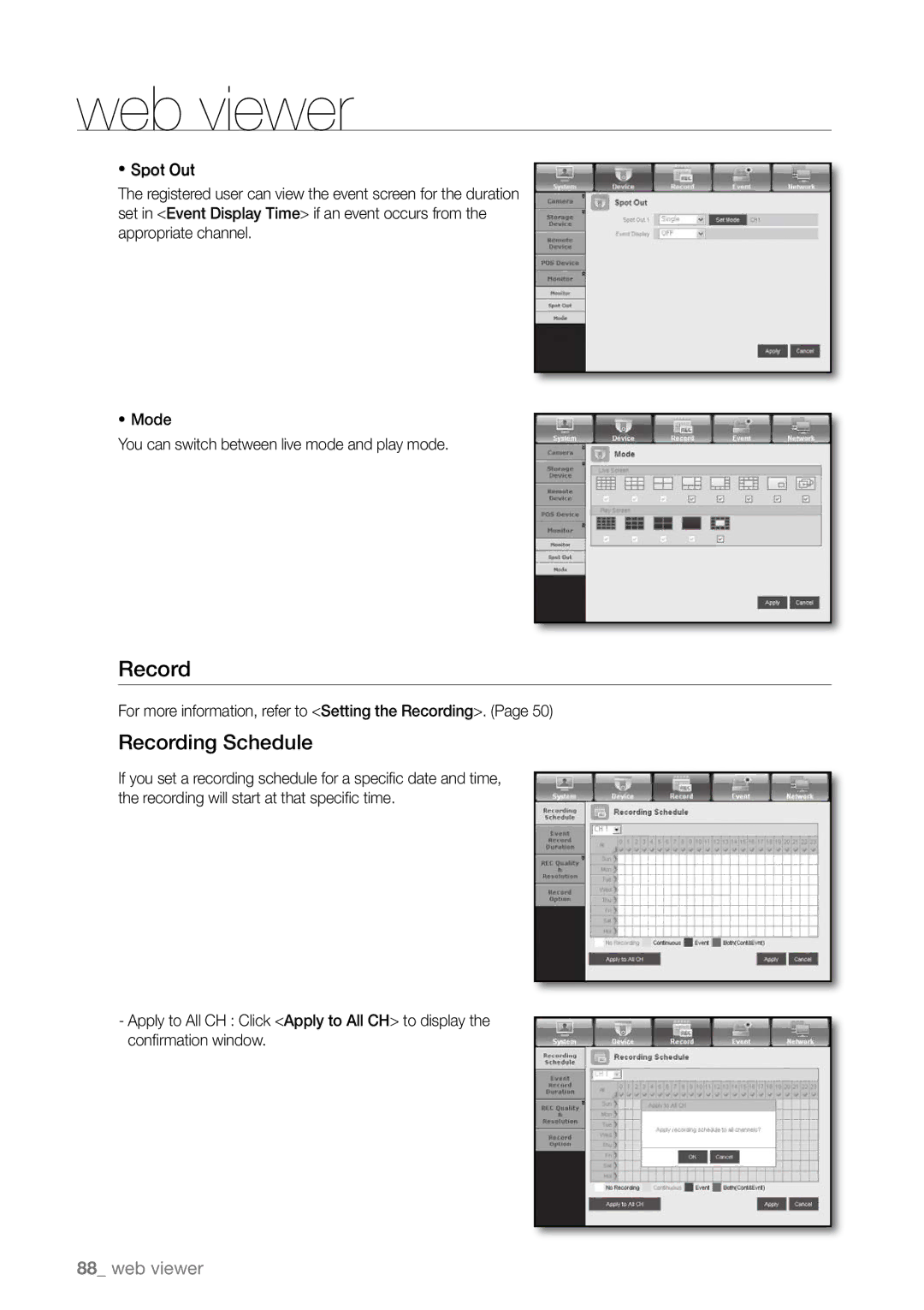 Samsung SHR-6162N, SHR-6163P, SHR-6080P manual Recording Schedule, For more information, refer to Setting the Recording 