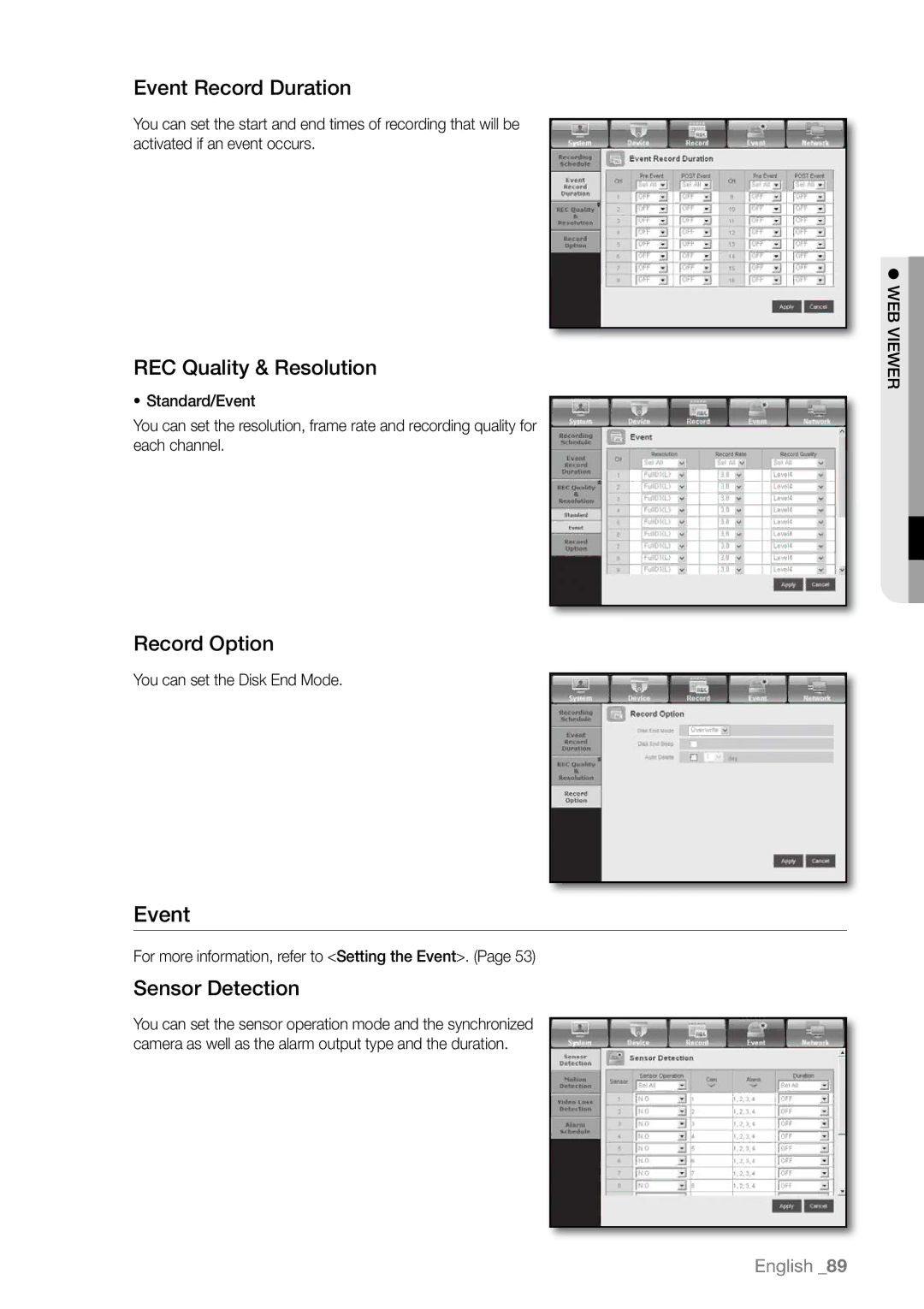 Samsung SHR-6082P/CDM, SHR-6163P manual Event Record Duration, REC Quality & Resolution, Record Option, Sensor Detection 