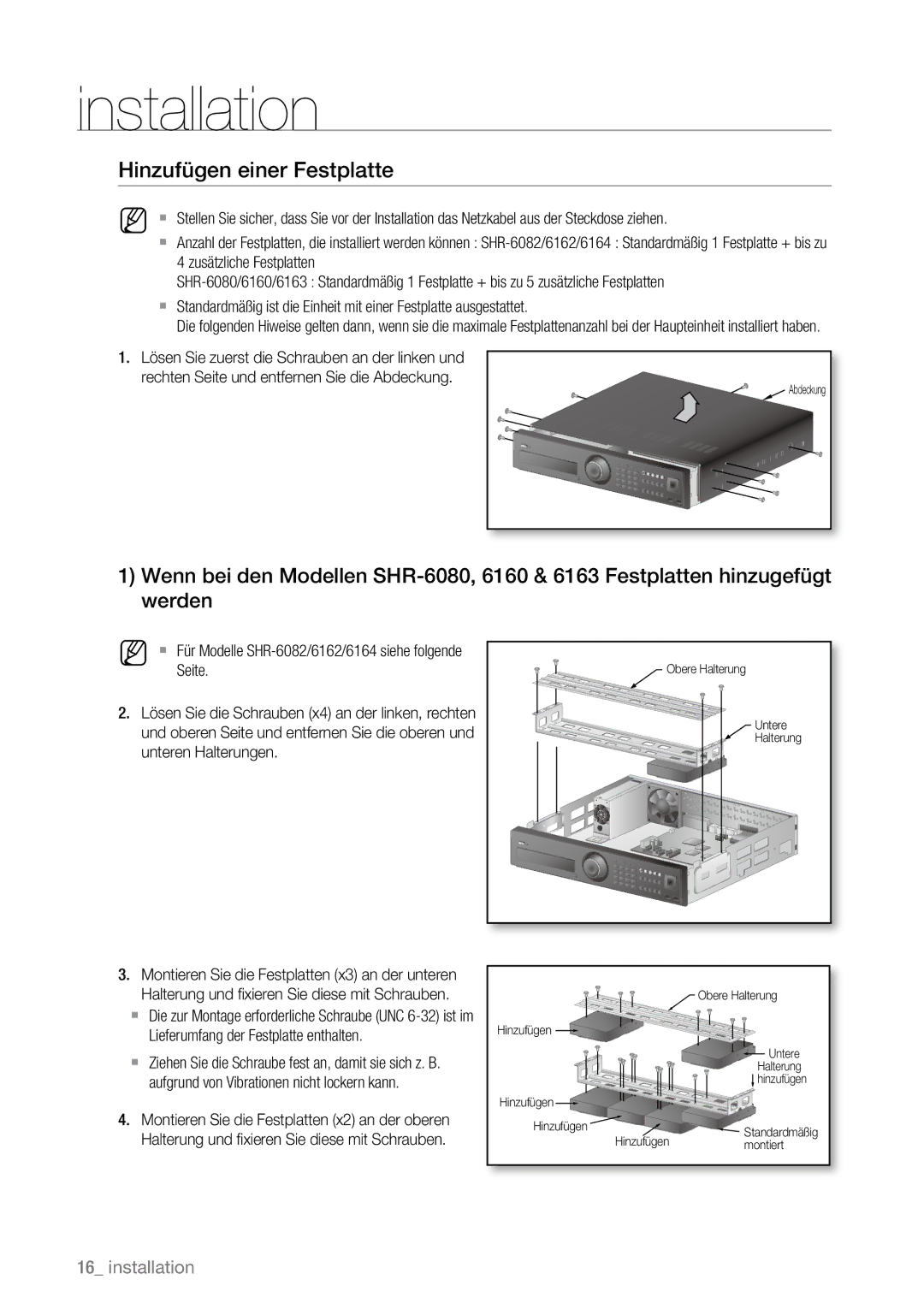 Samsung SHR-6080P, SHR-6163P, SHR-6160P, SHR-6082P, SHR-6162P manual Hinzufügen einer Festplatte 