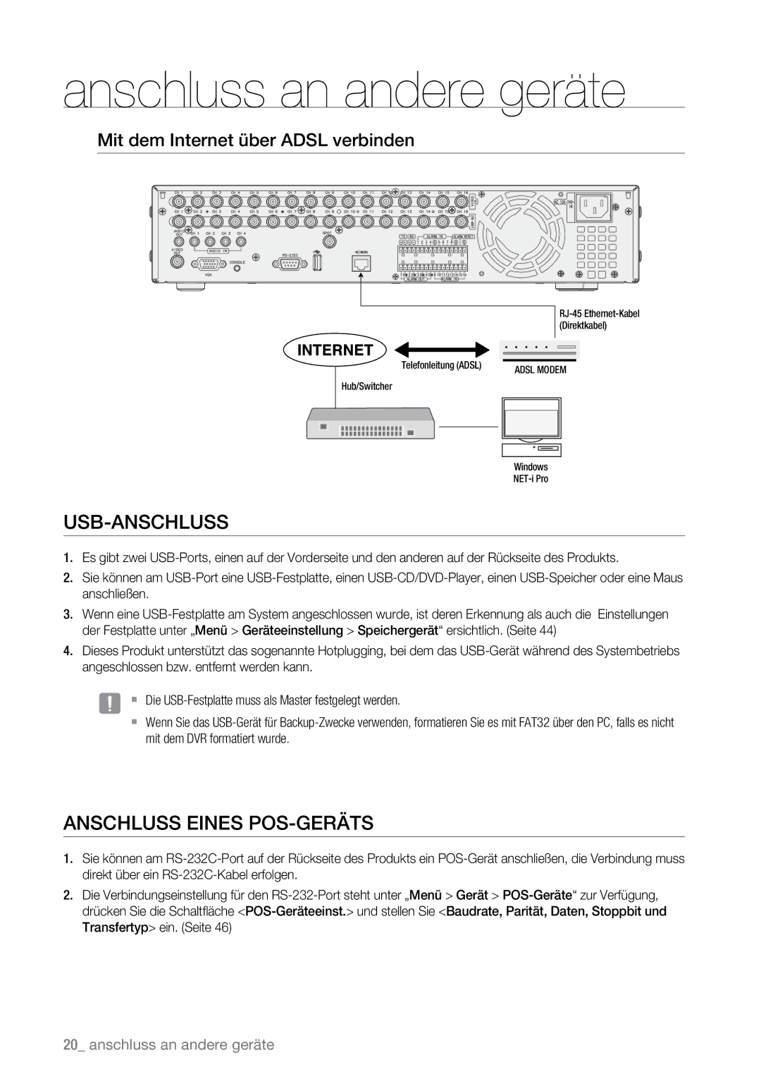 Samsung SHR-6163P, SHR-6080P, SHR-6160P Usb-Anschluss, Anschluss Eines POS-GERÄTS, Mit dem Internet über Adsl verbinden 