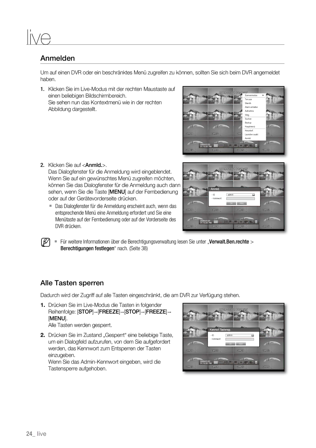 Samsung SHR-6162P, SHR-6163P, SHR-6080P, SHR-6160P, SHR-6082P manual Anmelden, Alle Tasten sperren, Klicken Sie auf Anmld 