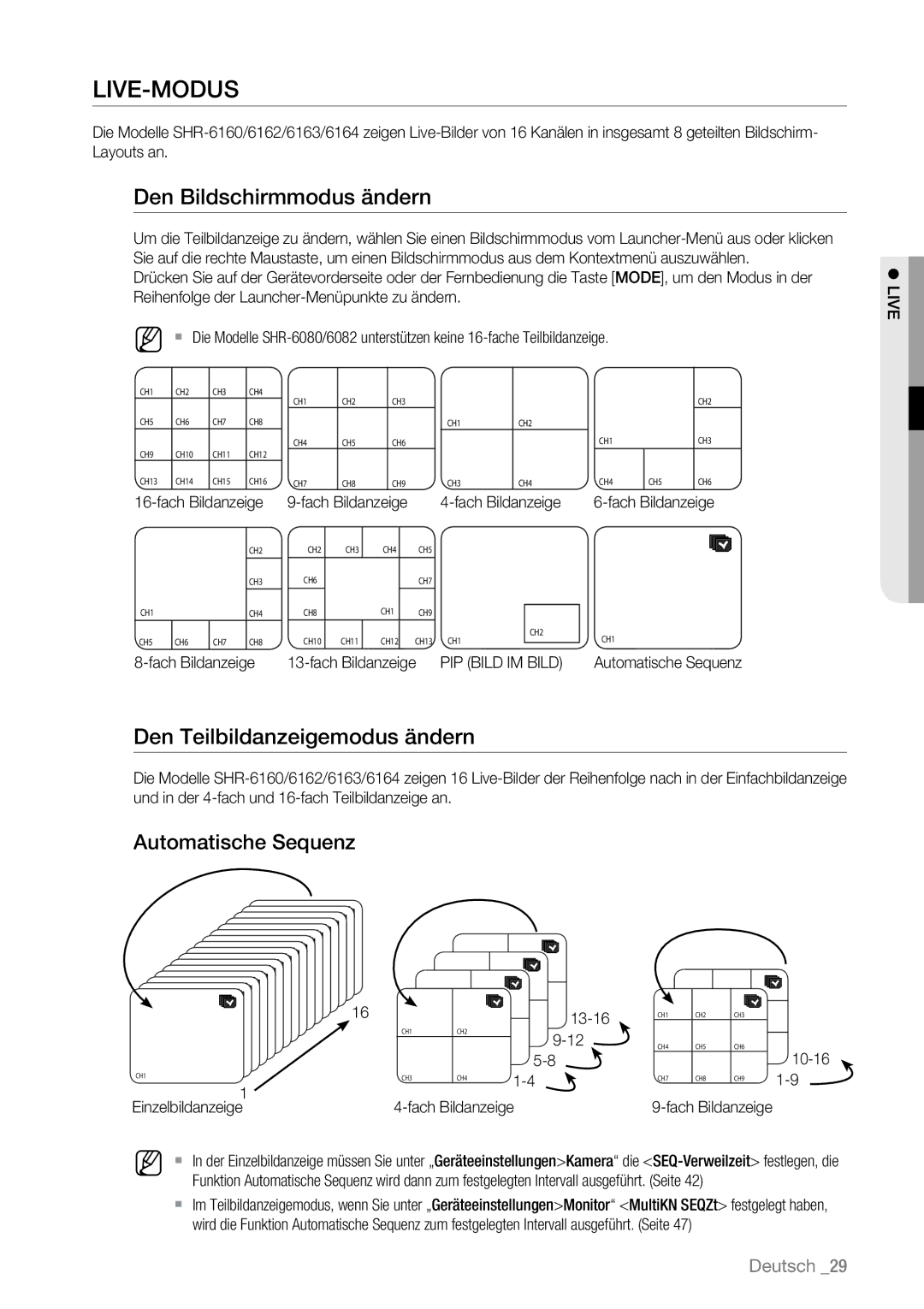 Samsung SHR-6162P, SHR-6163P Live-Modus, Den Bildschirmmodus ändern, Den Teilbildanzeigemodus ändern, Automatische Sequenz 