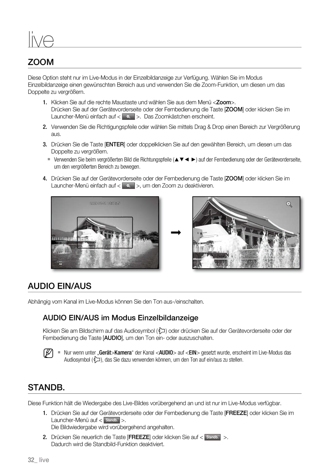 Samsung SHR-6160P, SHR-6163P, SHR-6080P, SHR-6082P, SHR-6162P manual Zoom, Standb, Audio EIN/AUS im Modus Einzelbildanzeige 