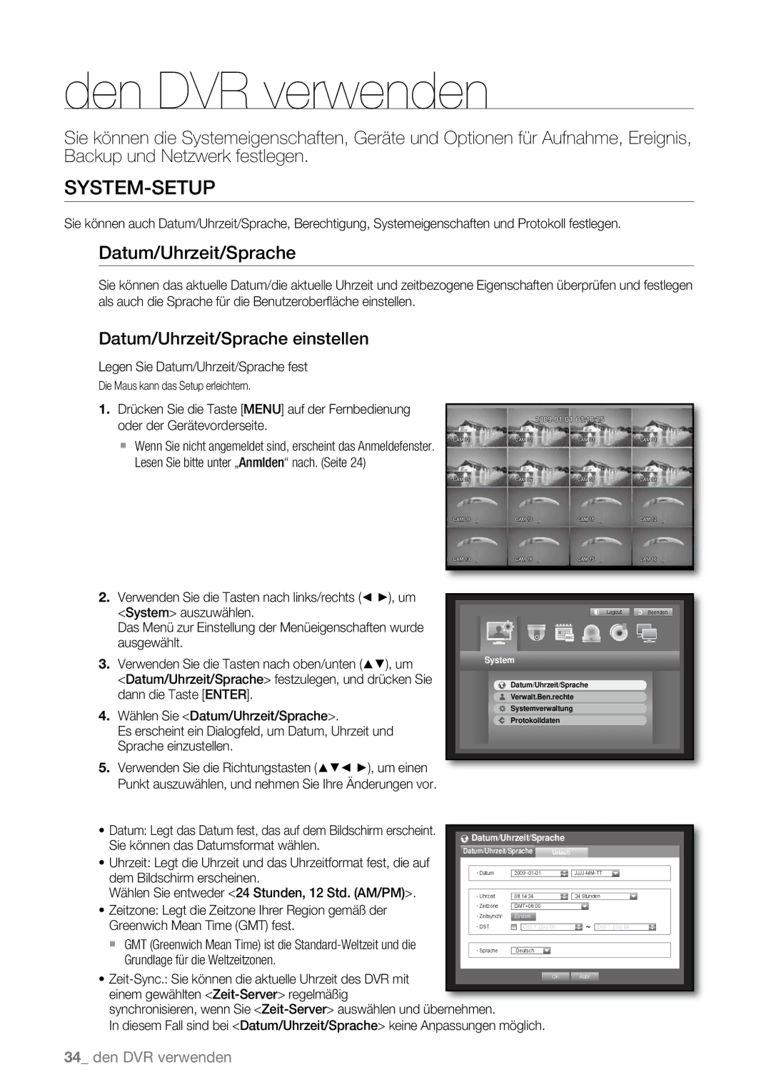 Samsung SHR-6162P, SHR-6163P, SHR-6080P, SHR-6160P, SHR-6082P manual System-Setup, Datum/Uhrzeit/Sprache einstellen 