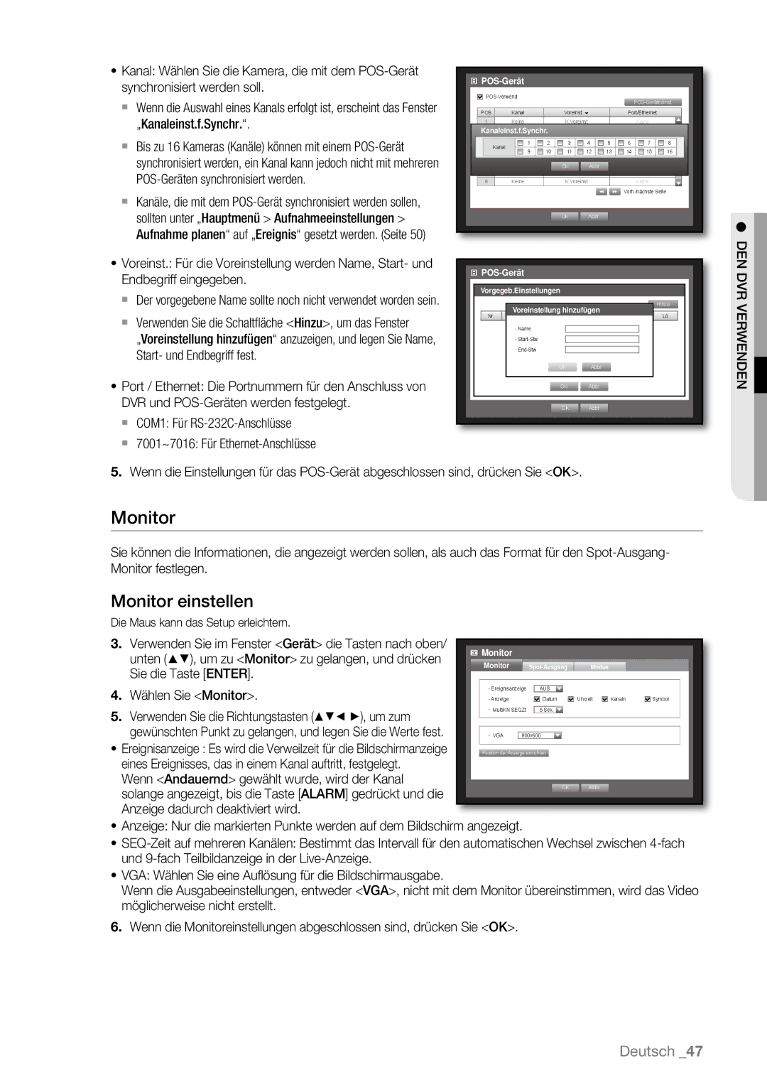 Samsung SHR-6160P, SHR-6163P Monitor einstellen,  COM1 Für RS-232C-Anschlüsse, Sie die Taste Enter Wählen Sie Monitor 