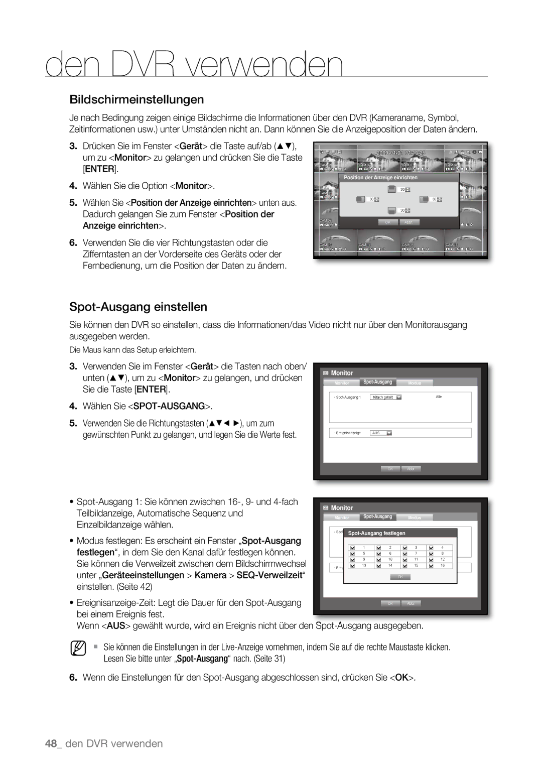 Samsung SHR-6082P, SHR-6163P, SHR-6080P, SHR-6160P, SHR-6162P manual Bildschirmeinstellungen, Spot-Ausgang einstellen 