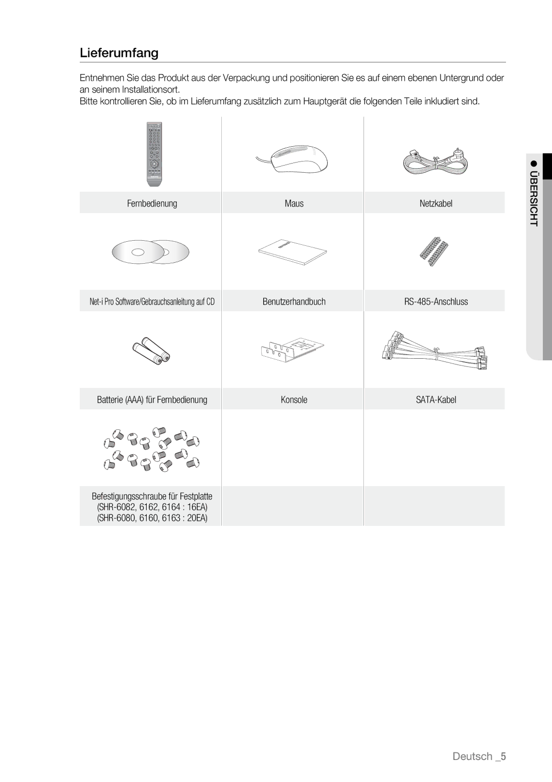 Samsung SHR-6163P, SHR-6080P, SHR-6160P, SHR-6082P, SHR-6162P manual Lieferumfang, Batterie AAA für Fernbedienung 