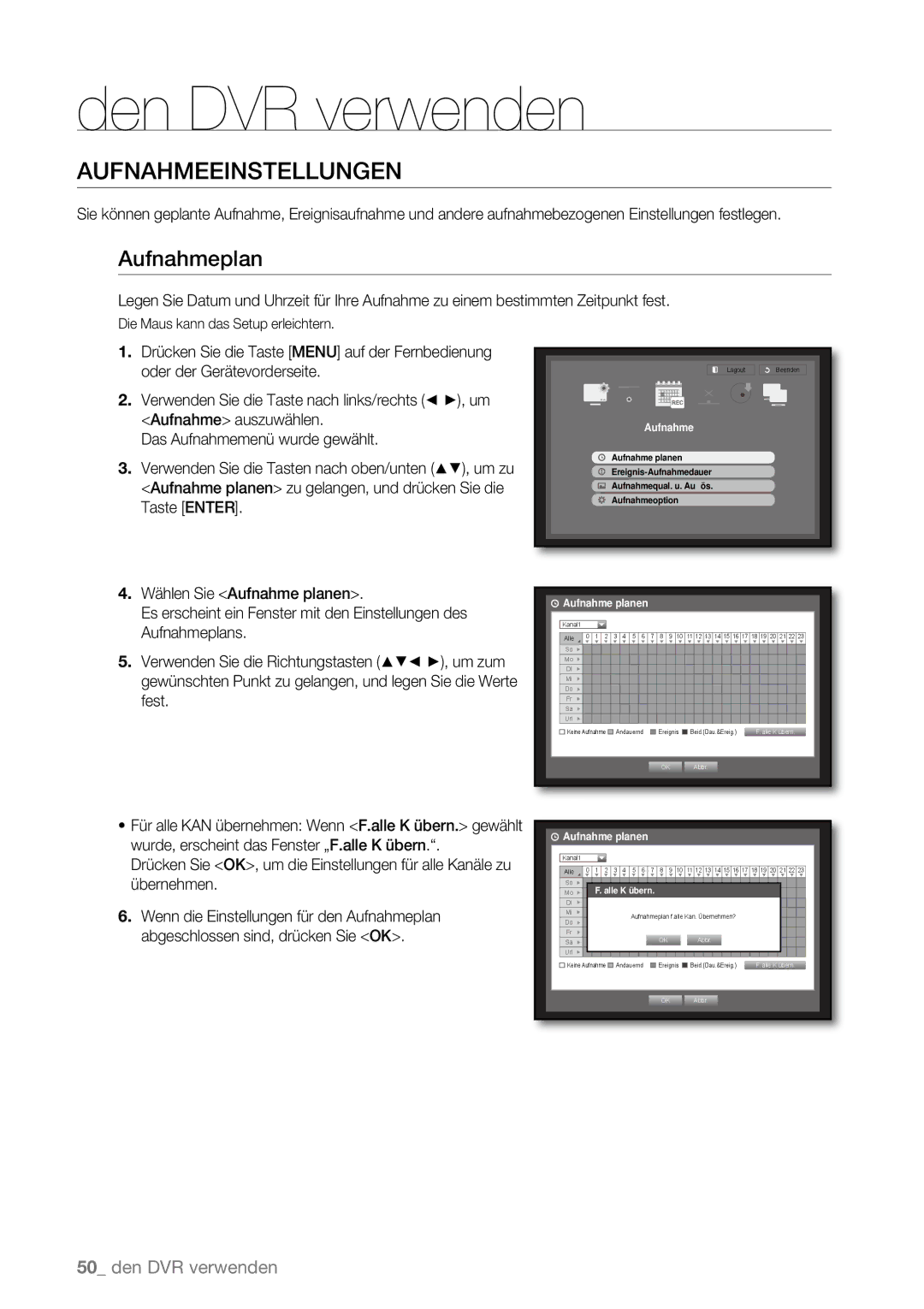 Samsung SHR-6163P, SHR-6080P, SHR-6160P, SHR-6082P, SHR-6162P manual Aufnahmeeinstellungen, Aufnahmeplan, Aufnahme planen 