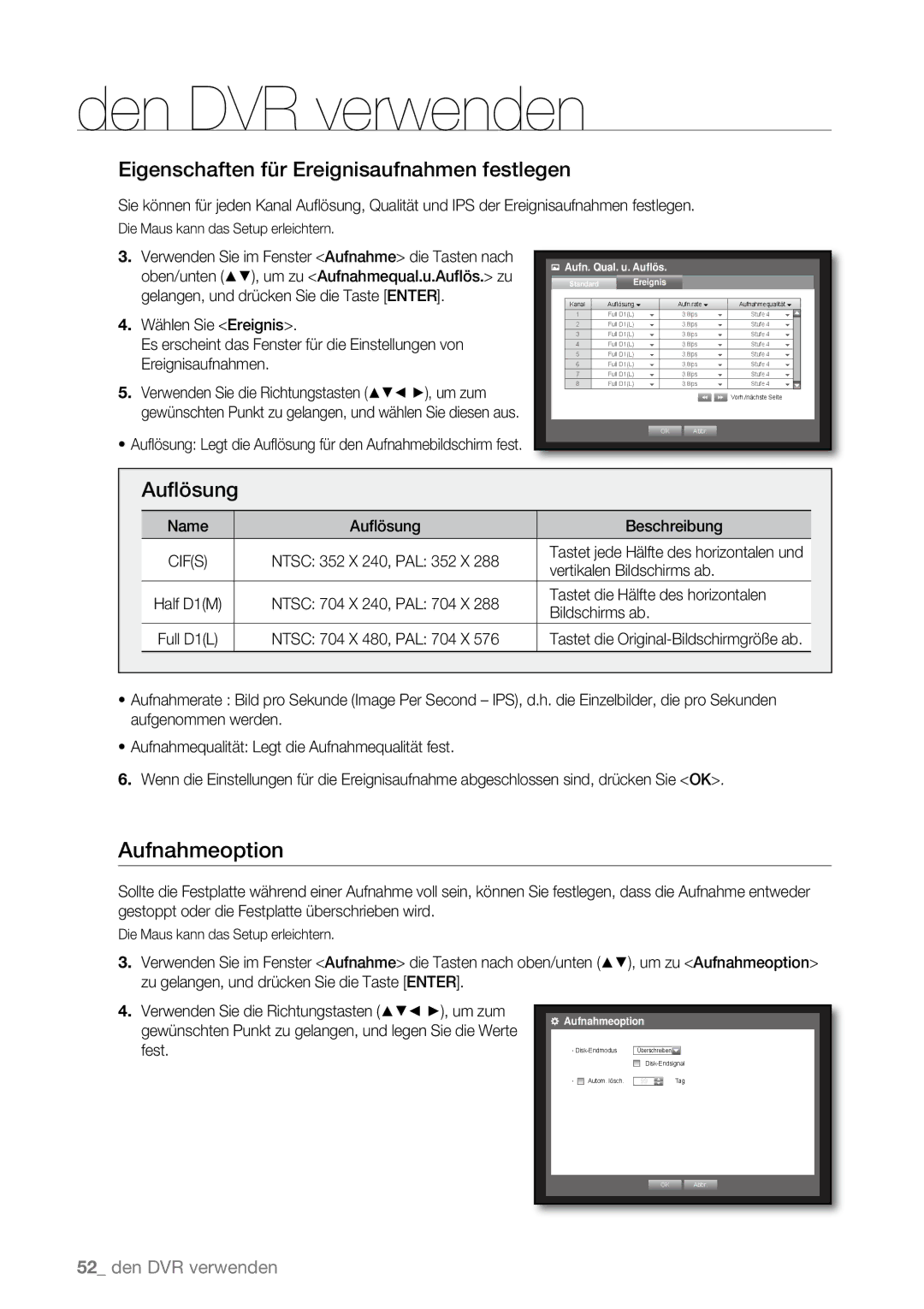 Samsung SHR-6160P, SHR-6163P, SHR-6080P, SHR-6082P Aufnahmeoption, Eigenschaften für Ereignisaufnahmen festlegen, Auﬂösung 