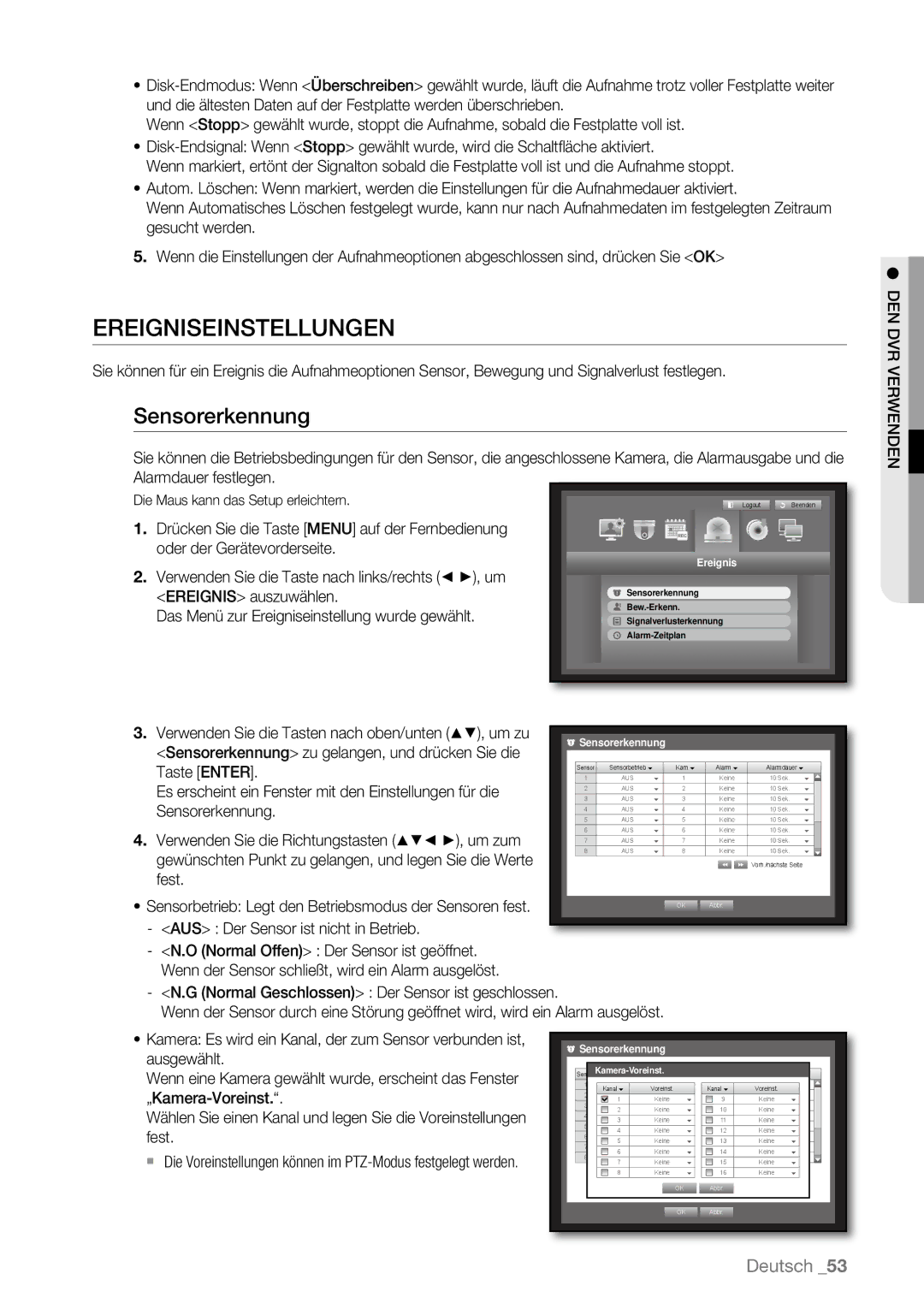 Samsung SHR-6082P, SHR-6163P manual Ereigniseinstellungen, Sensorerkennung, Verwenden Sie die Taste nach links/rechts , um 