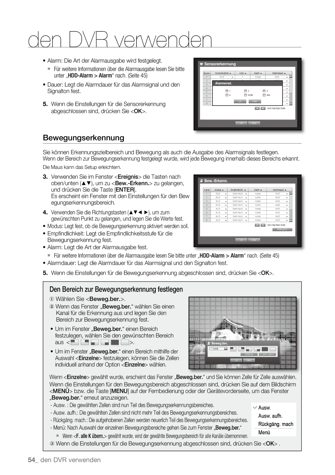 Samsung SHR-6162P manual Den Bereich zur Bewegungserkennung festlegen, Alarm Die Art der Alarmausgabe wird festgelegt 