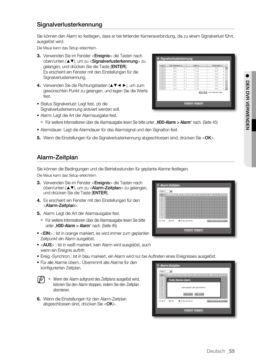 Samsung SHR-6163P, SHR-6080P, SHR-6160P, SHR-6082P, SHR-6162P manual Signalverlusterkennung, Alarm-Zeitplan 