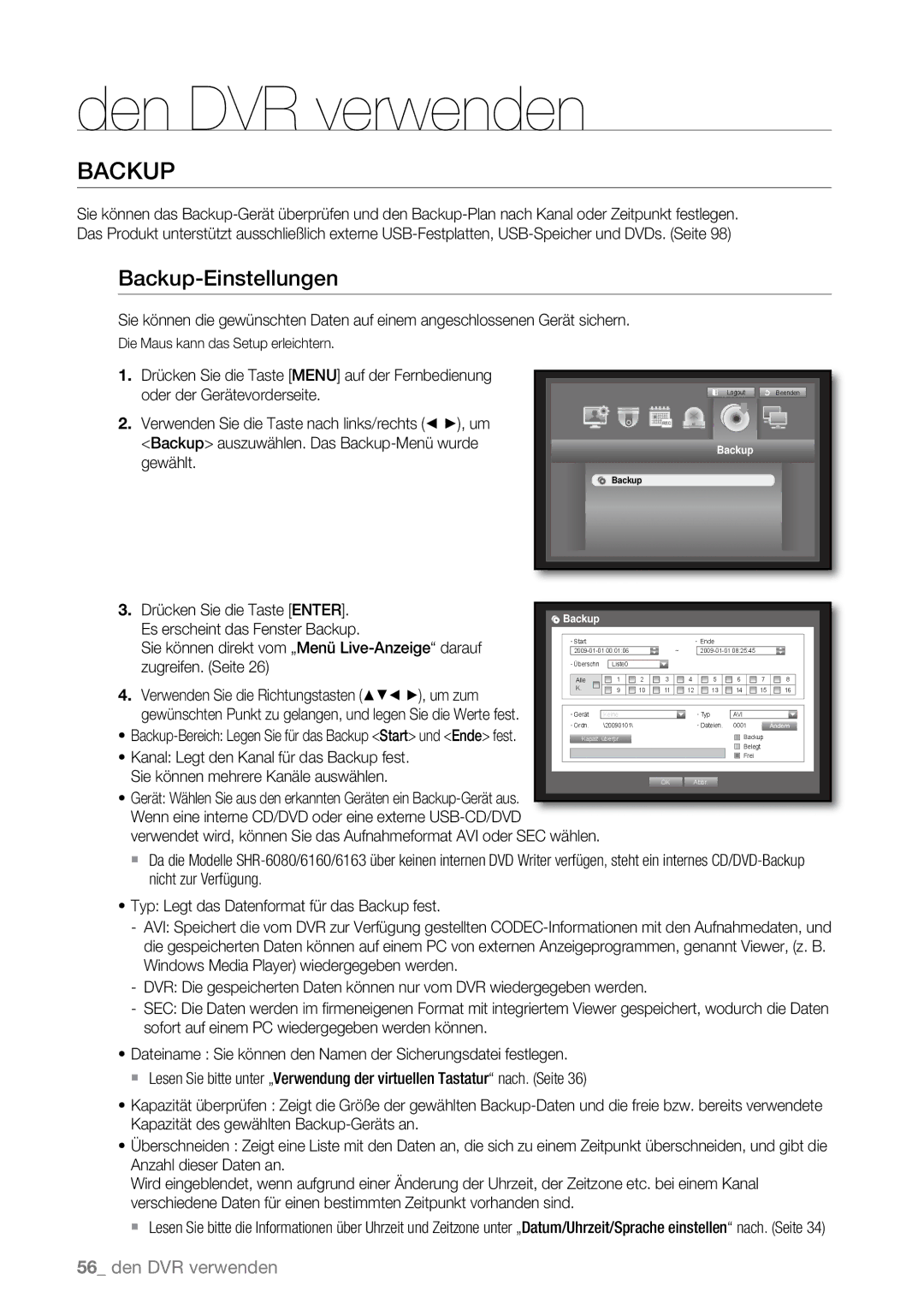 Samsung SHR-6080P, SHR-6163P, SHR-6160P, SHR-6082P, SHR-6162P manual Backup-Einstellungen 