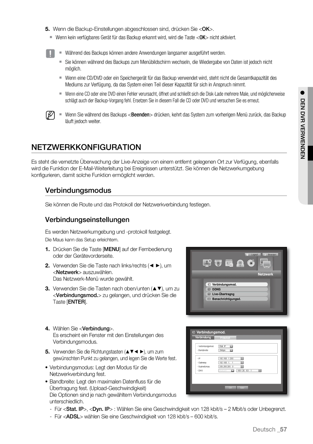 Samsung SHR-6160P, SHR-6163P, SHR-6080P, SHR-6082P manual Netzwerkkonfiguration, Verbindungsmodus, Verbindungseinstellungen 