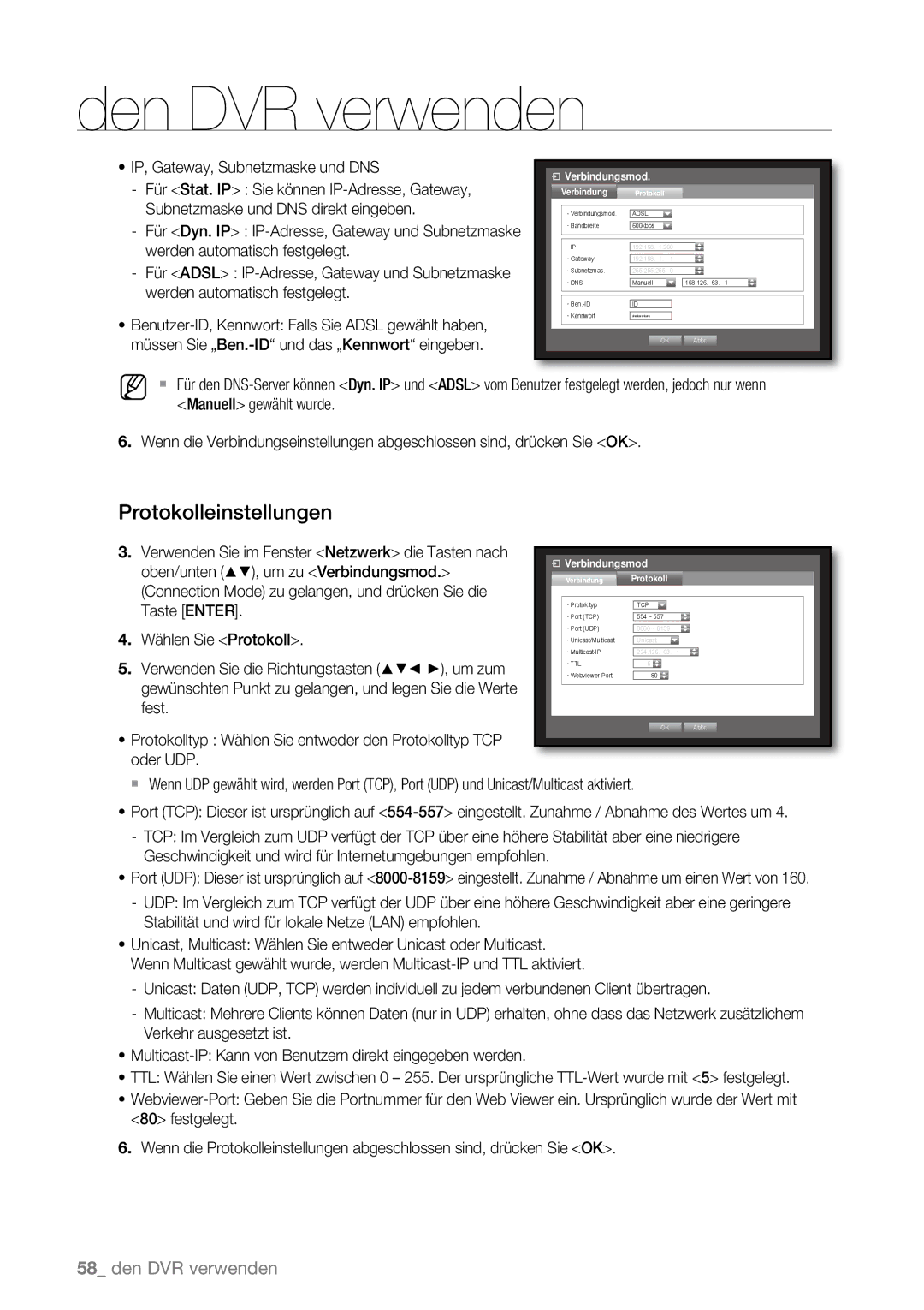 Samsung SHR-6082P, SHR-6163P, SHR-6080P, SHR-6160P, SHR-6162P manual Protokolleinstellungen, IP, Gateway, Subnetzmaske und DNS 