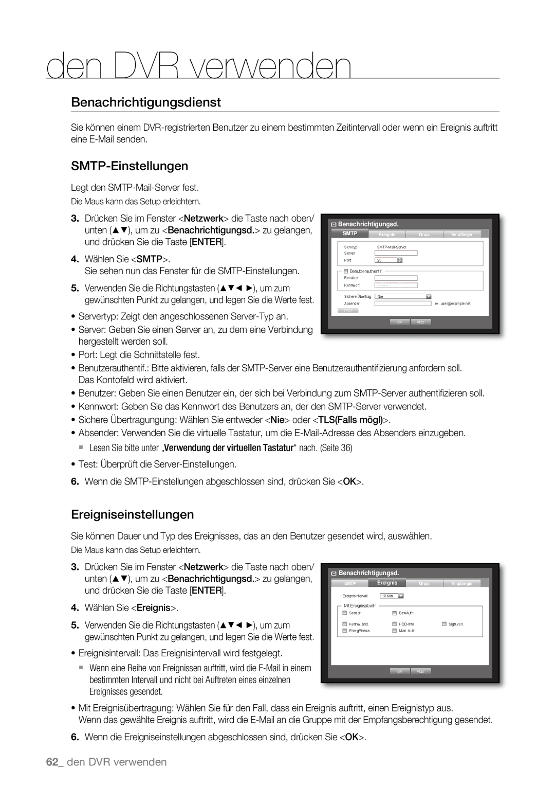 Samsung SHR-6160P manual Benachrichtigungsdienst, SMTP-Einstellungen, Ereigniseinstellungen, Legt den SMTP-Mail-Server fest 