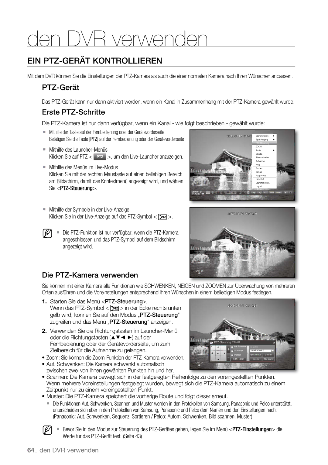 Samsung SHR-6162P, SHR-6163P manual EIN PTZ-GERÄT Kontrollieren, PTZ-Gerät, Erste PTZ-Schritte, Die PTZ-Kamera verwenden 