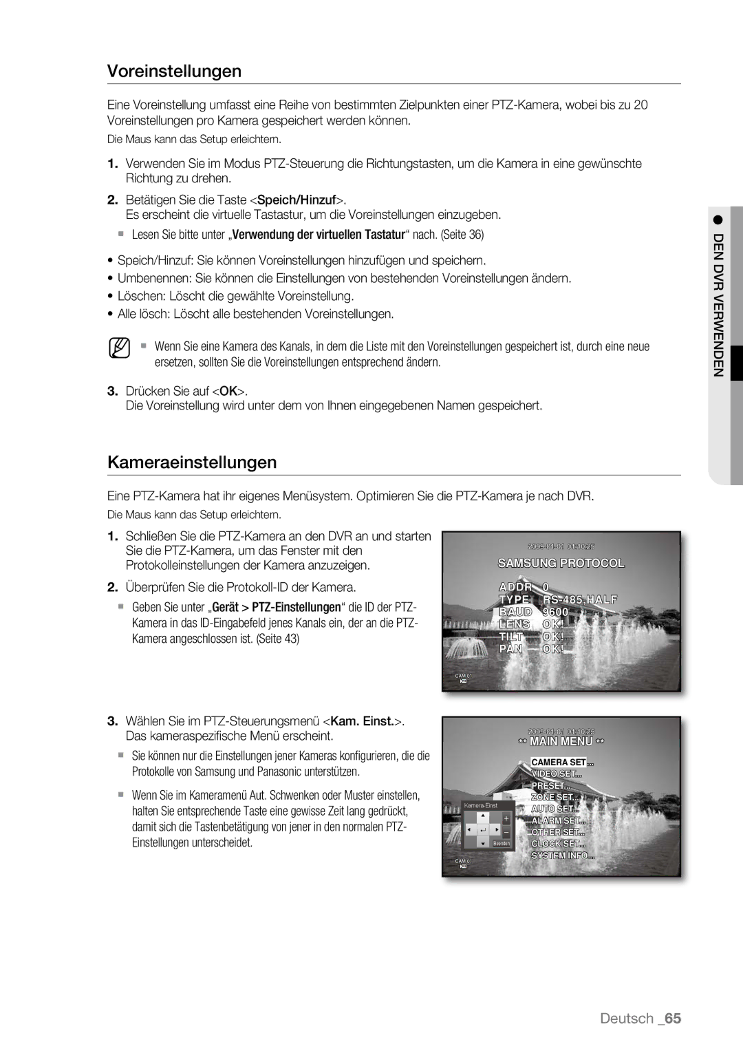 Samsung SHR-6163P, SHR-6080P, SHR-6160P, SHR-6082P, SHR-6162P manual Voreinstellungen, Kameraeinstellungen 