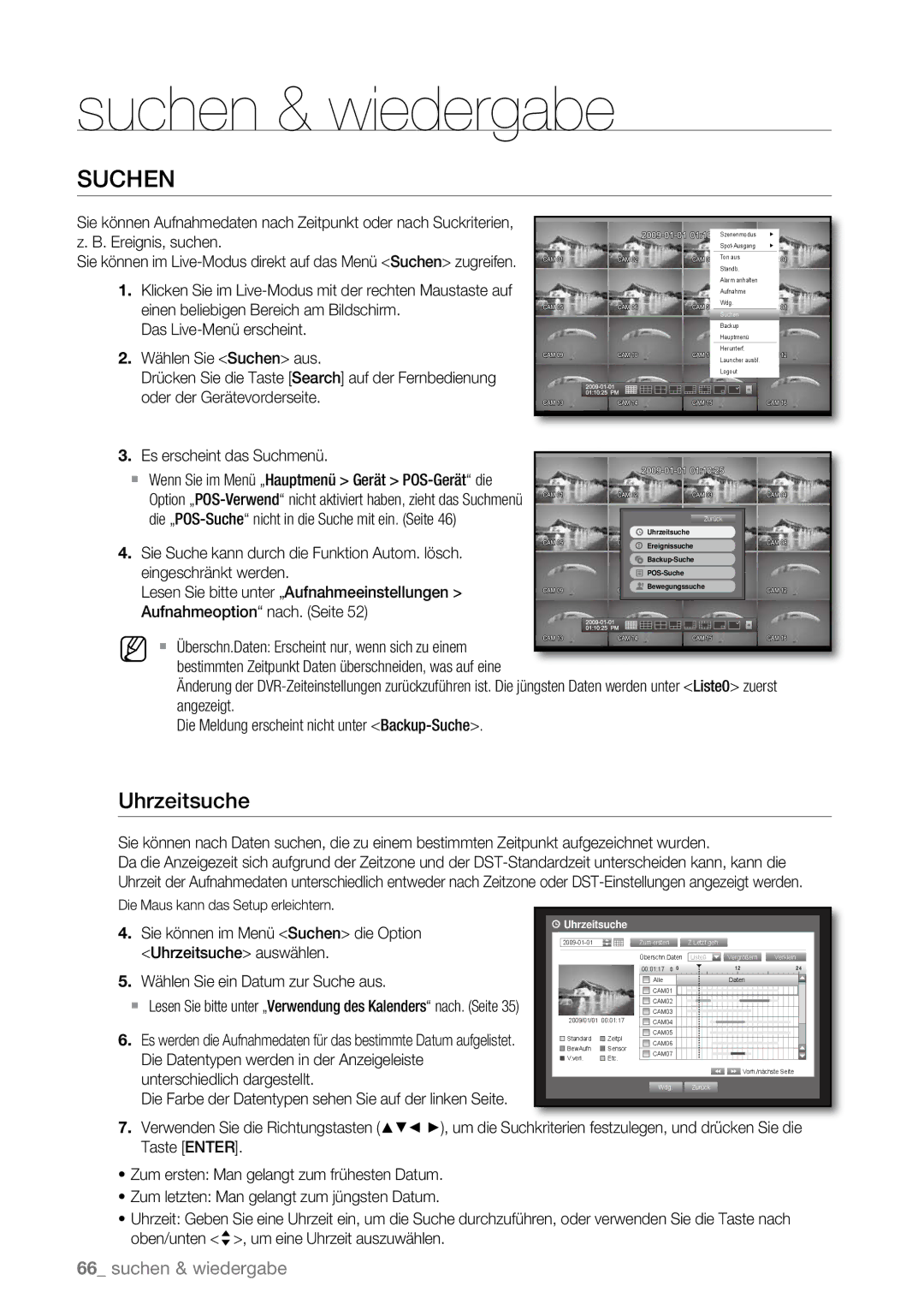 Samsung SHR-6080P, SHR-6163P, SHR-6160P manual Suchen, Uhrzeitsuche, Die Farbe der Datentypen sehen Sie auf der linken Seite 