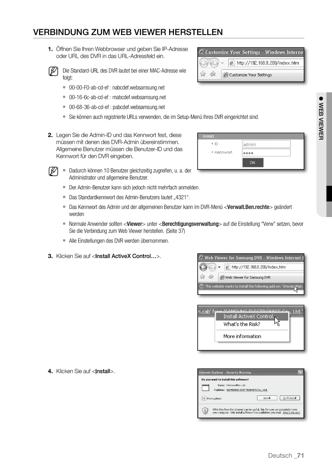 Samsung SHR-6080P, SHR-6163P, SHR-6160P, SHR-6082P, SHR-6162P manual Verbindung ZUM WEB Viewer Herstellen,  WEB Viewer 