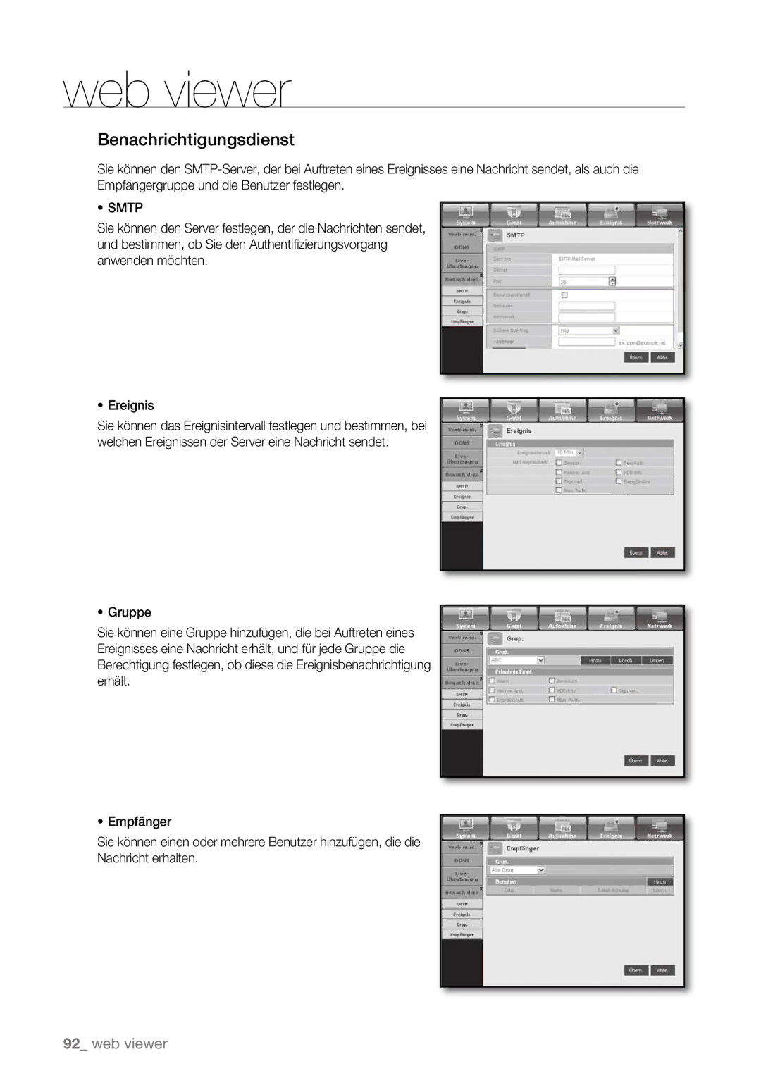 Samsung SHR-6160P, SHR-6163P, SHR-6080P, SHR-6082P, SHR-6162P manual Benachrichtigungsdienst, Smtp 