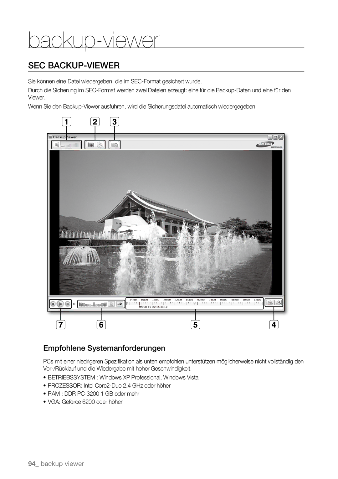 Samsung SHR-6162P, SHR-6163P, SHR-6080P, SHR-6160P, SHR-6082P manual Sec Backup-Viewer, Empfohlene Systemanforderungen 