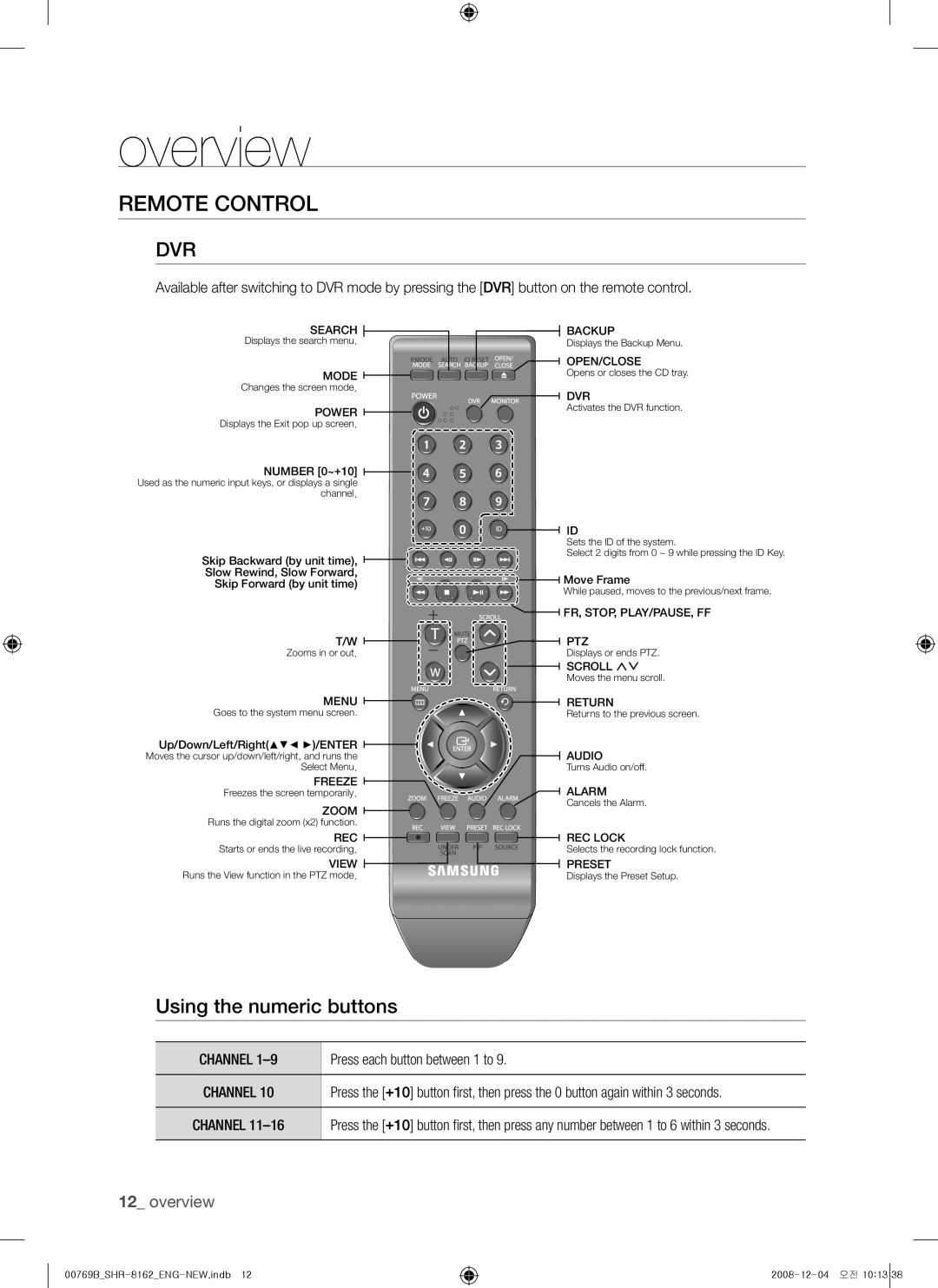 Samsung SHR-8160, SHR-7082, SHR-7080 Remote Control, Using the numeric buttons, Channel, Press each button between 1 to 