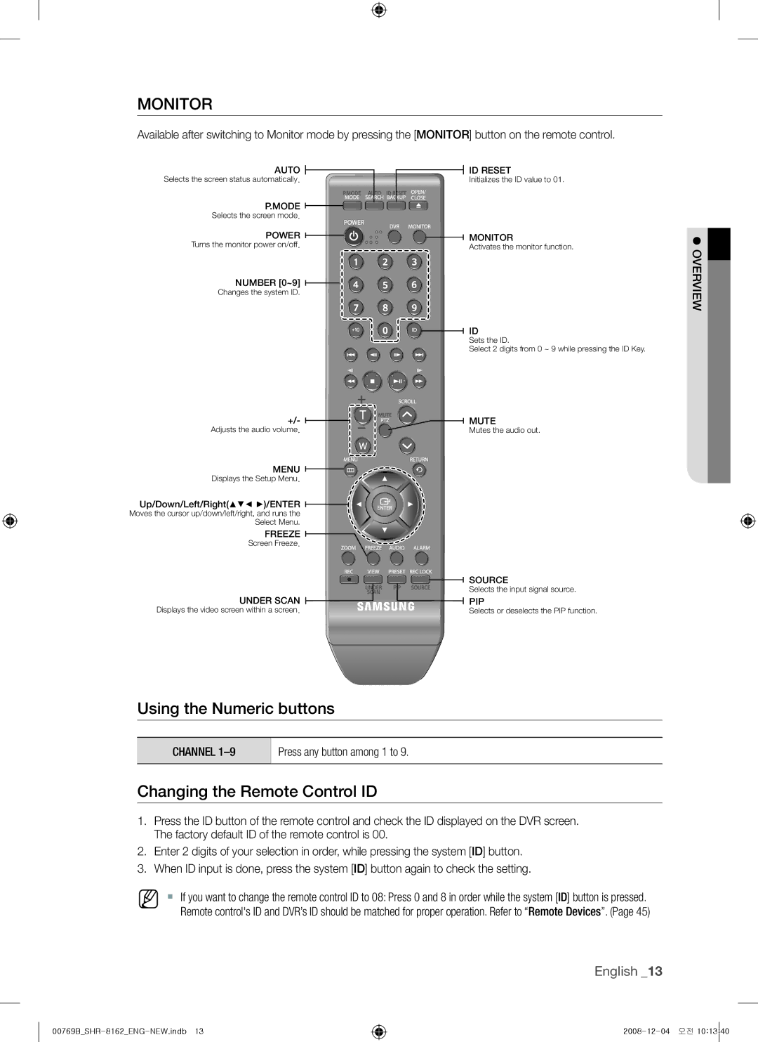 Samsung SHR-7162, SHR-7082, SHR-7080, SHR-7160, SHR-8162, SHR-8160 Changing the Remote Control ID, Press any button among 1 to 