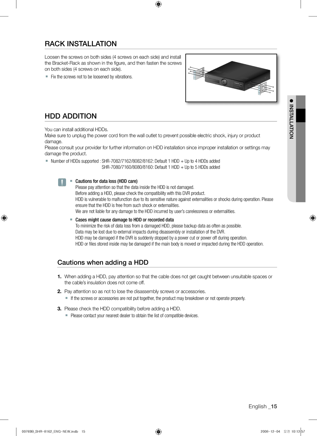 Samsung SHR-8082 RacK instaLLation, Hdd addition, ` Fix the screws not to be loosened by vibrations, InstaLLation 