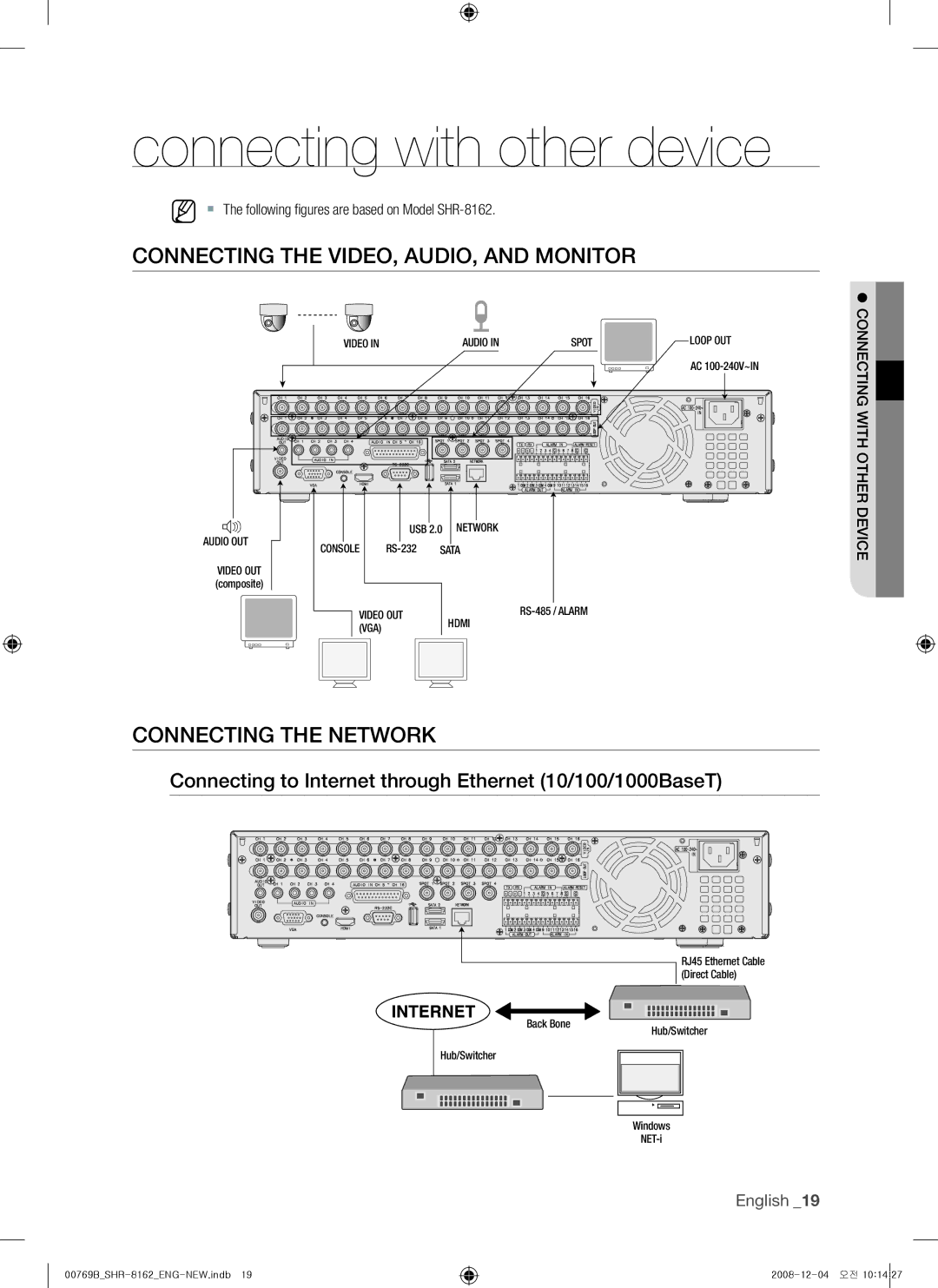 Samsung SHR-8162, SHR-7082, SHR-7080, SHR-7160, SHR-8160 Connecting the Video, Audio, and Monitor, Connecting the Network 