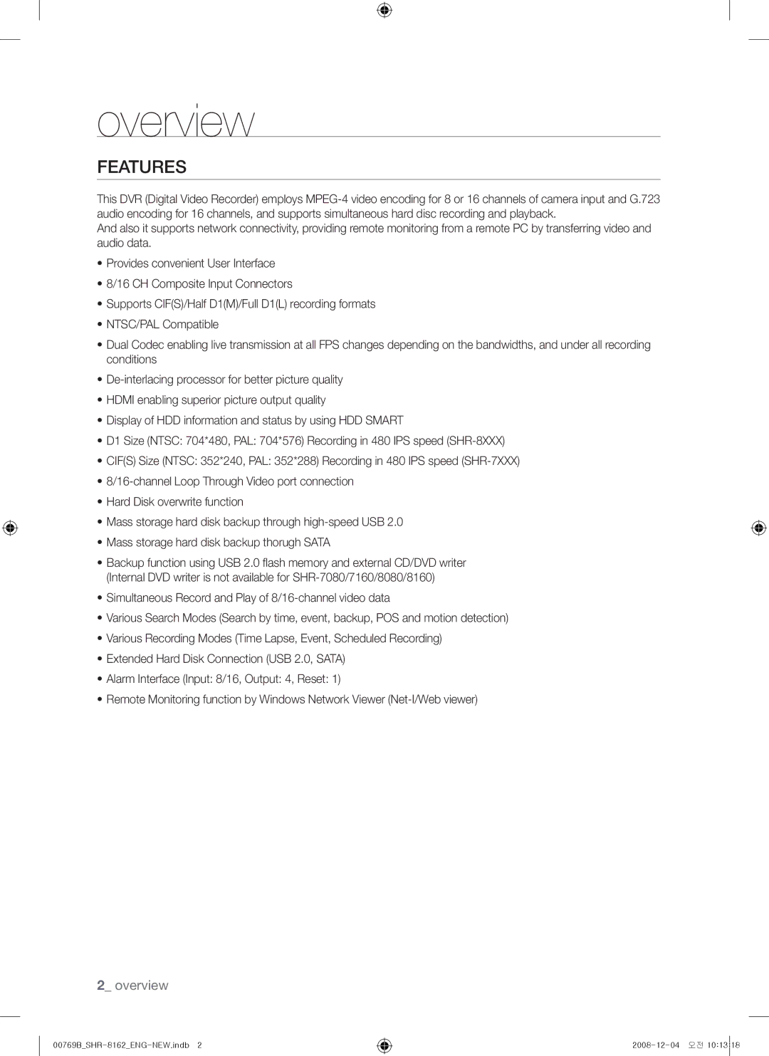 Samsung SHR-7160, SHR-7082, SHR-7080, SHR-8162, SHR-8160, SHR-7162, SHR-8080, SHR-8082 user manual Overview, Features 