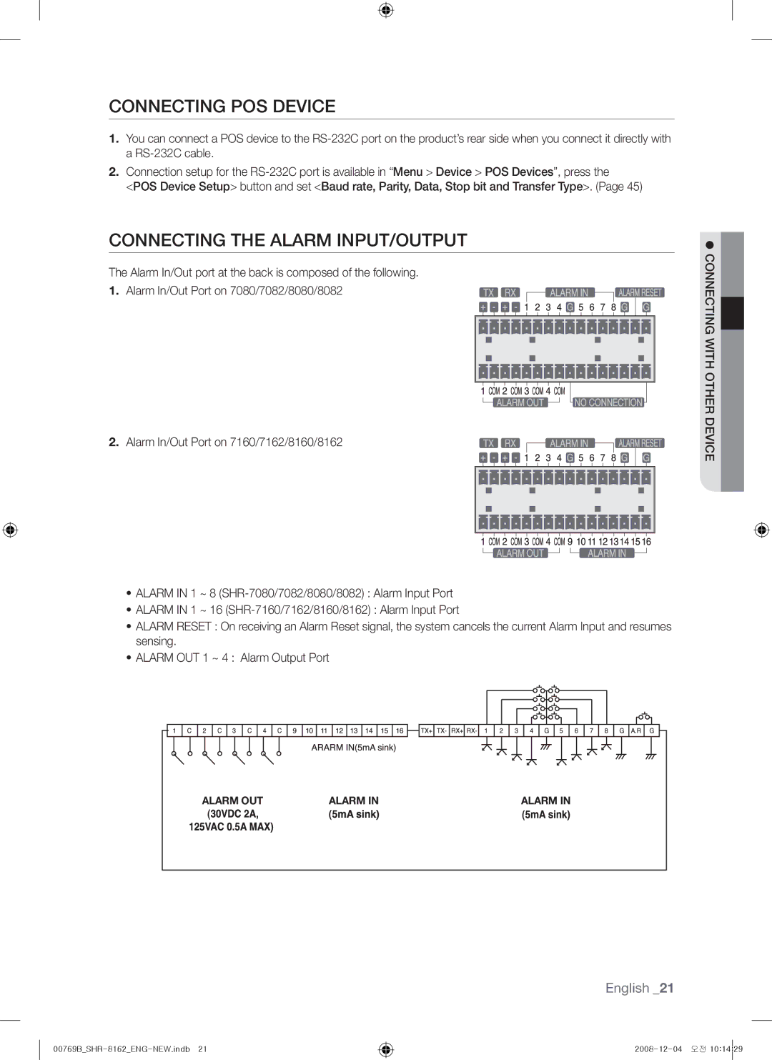 Samsung SHR-7162, SHR-7082, SHR-7080, SHR-7160, SHR-8162, SHR-8160 Connecting POS Device, Connecting the Alarm Input/Output 