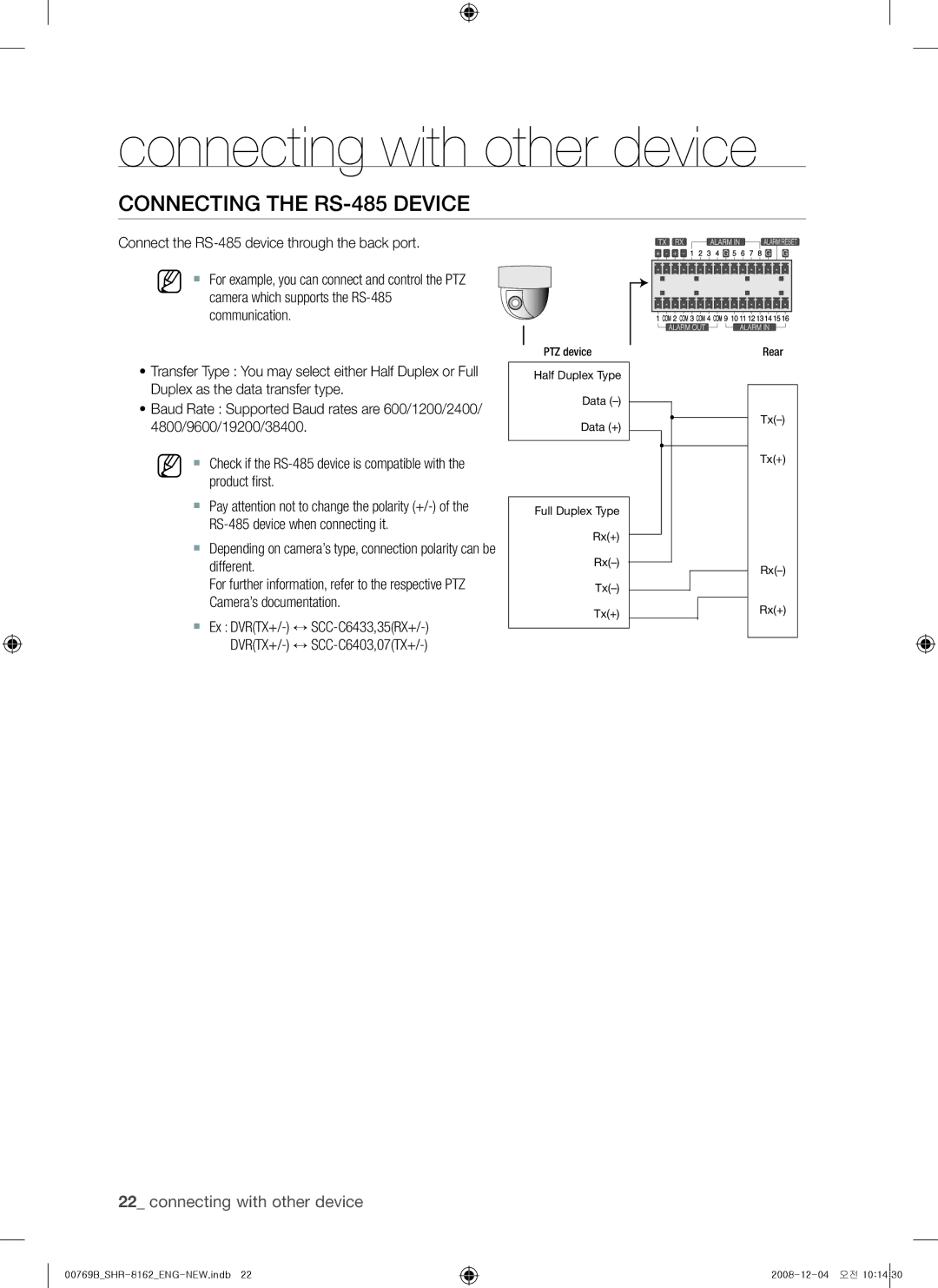 Samsung SHR-8080, SHR-7082, SHR-7080, SHR-7160, SHR-8162, SHR-8160, SHR-7162, SHR-8082 user manual Connecting the RS-485 Device 