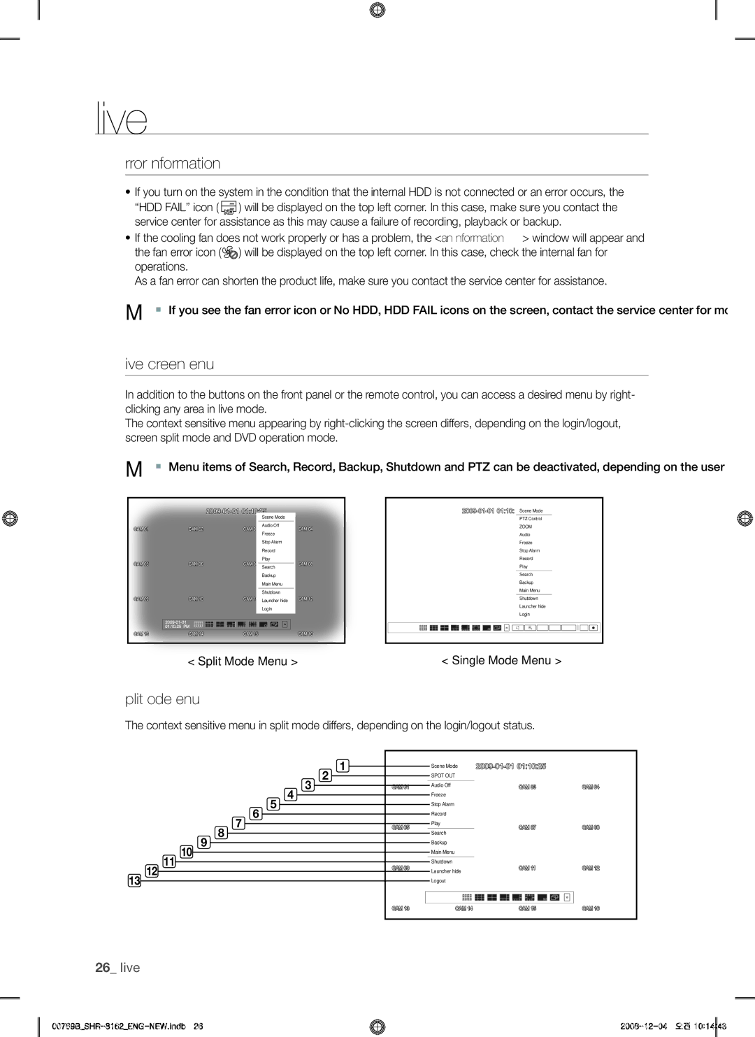 Samsung SHR-7160, SHR-7082 Error information, Live screen menu, Split mode menu, Split Mode Menu, Single Mode Menu 