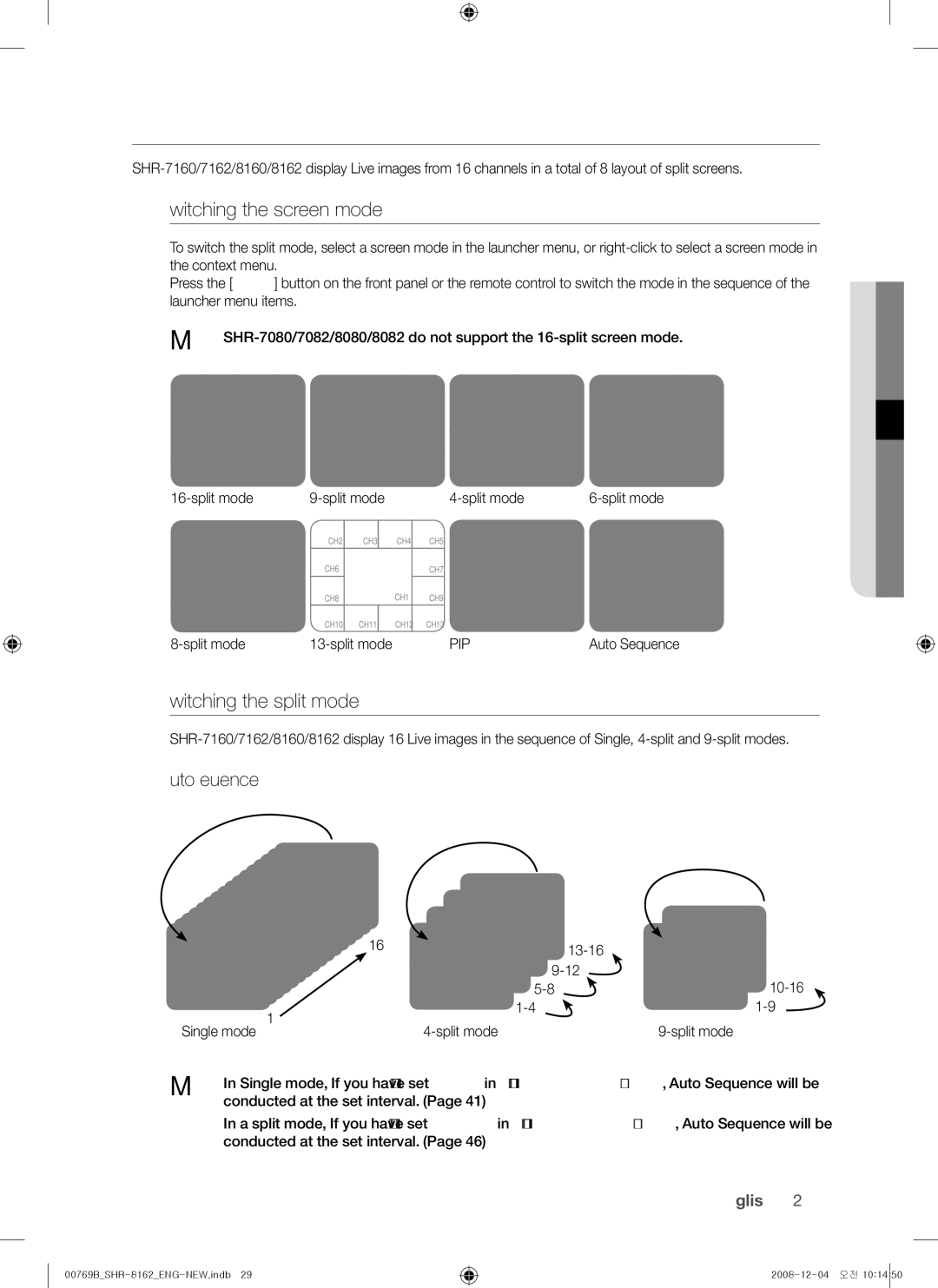 Samsung SHR-7162, SHR-7082, SHR-7080 Live Mode, Switching the screen mode, Switching the split mode, Auto Sequence, Pip 