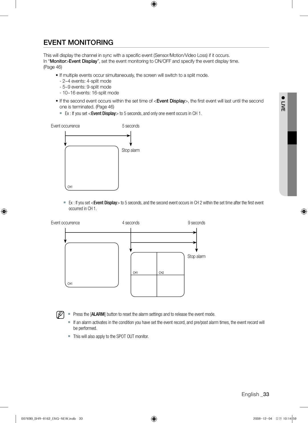 Samsung SHR-7080, SHR-7082, SHR-7160, SHR-8162, SHR-8160, SHR-7162, SHR-8080, SHR-8082 user manual Event Monitoring, Stop alarm 