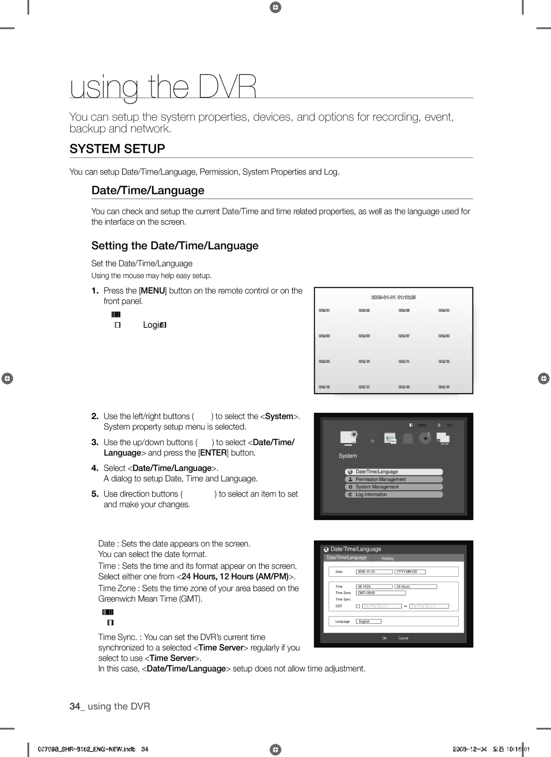 Samsung SHR-7160, SHR-7082, SHR-7080, SHR-8162, SHR-8160 System setup, Date/time/Language, Setting the date/time/Language 