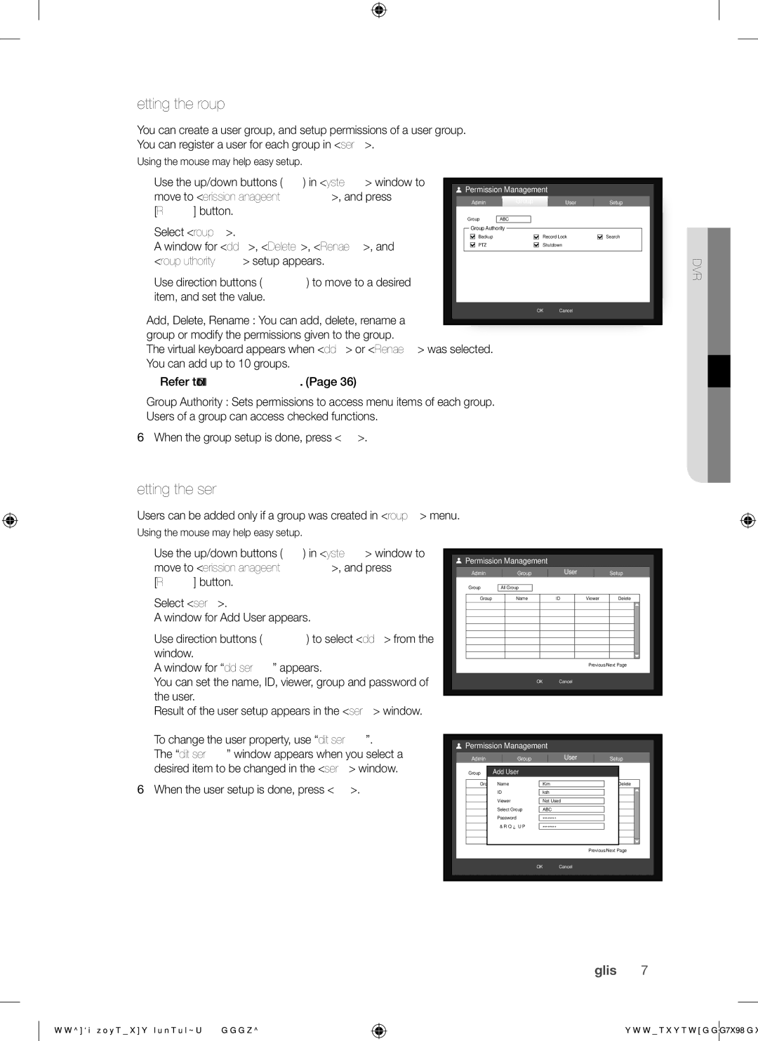 Samsung SHR-7162, SHR-7082, SHR-7080, SHR-7160, SHR-8162, SHR-8160, SHR-8080, SHR-8082 Setting the group, Setting the user 