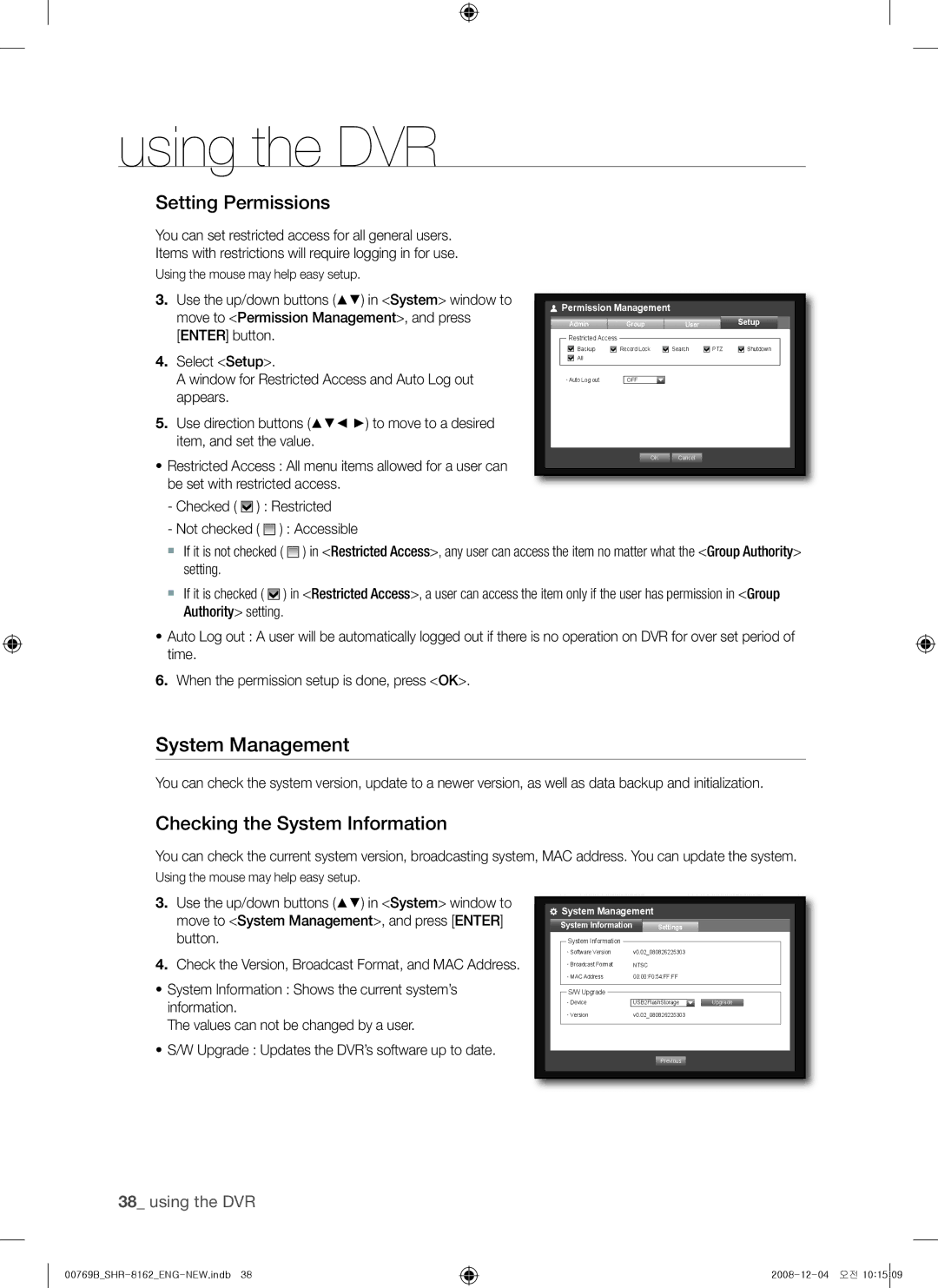 Samsung SHR-8080, SHR-7082 System management, Setting permissions, Checking the system information, System Management 