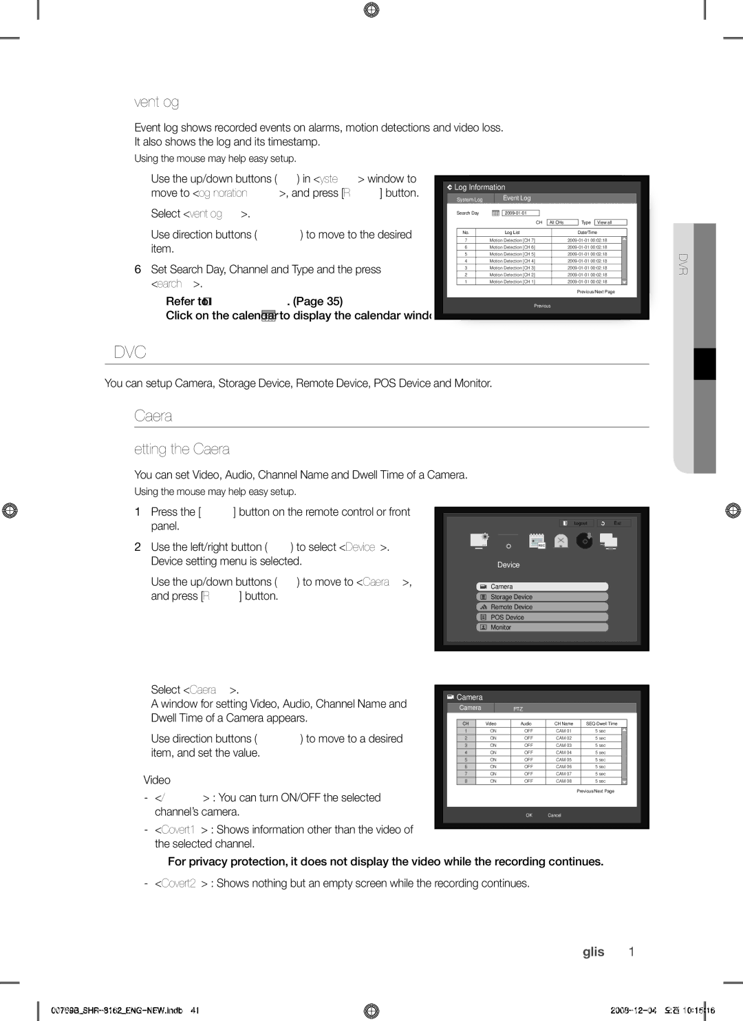 Samsung SHR-7080, SHR-7082, SHR-7160, SHR-8162, SHR-8160, SHR-7162 Setting the device, Camera, Event Log, Setting the camera 