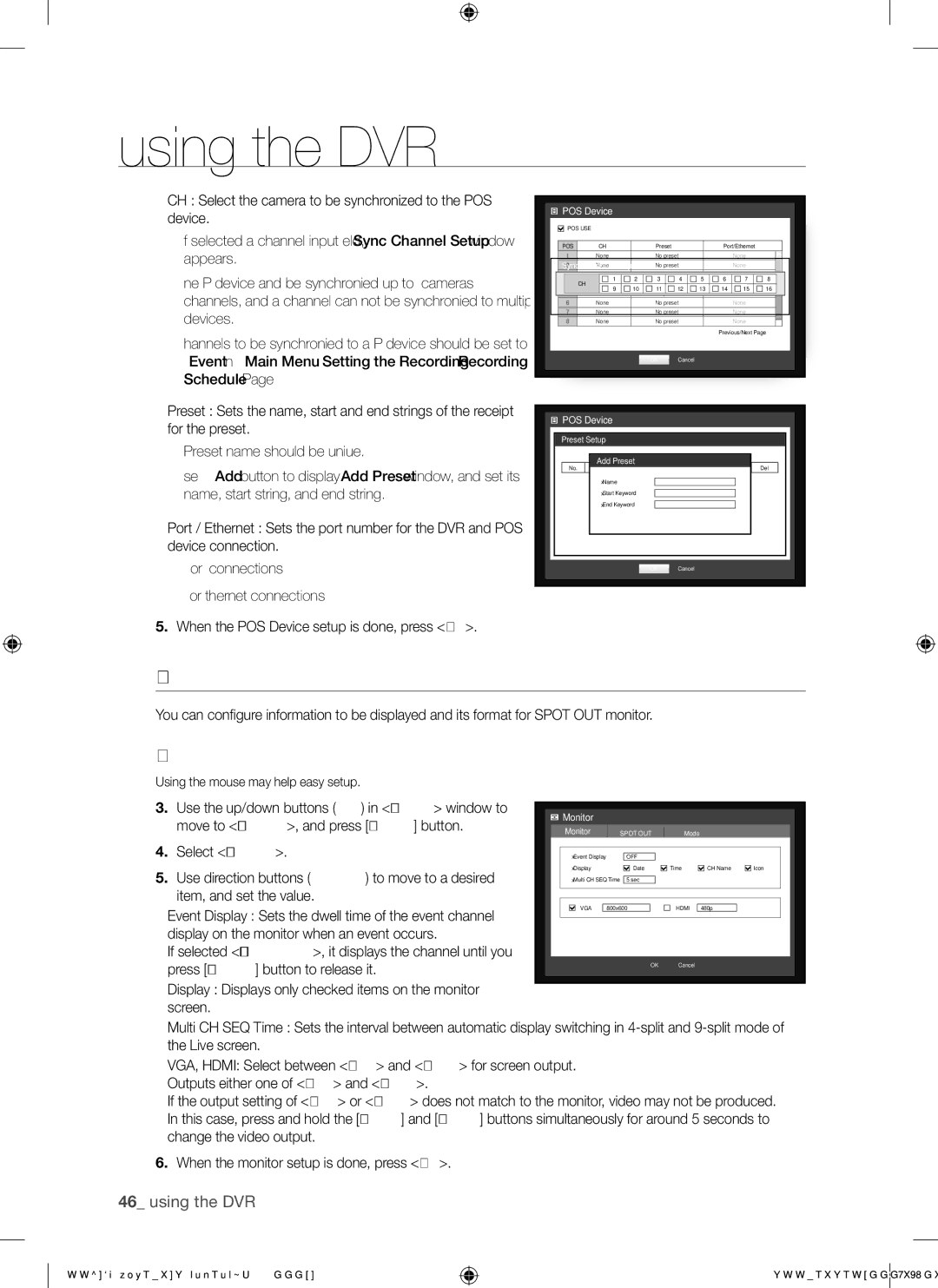 Samsung SHR-8080, SHR-7082, SHR-7080, SHR-7160, SHR-8162, SHR-8160, SHR-7162, SHR-8082 user manual Monitor, Setting the monitor 