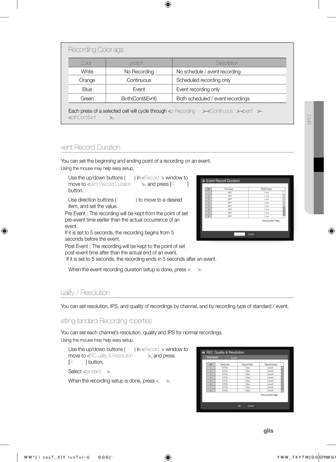 Samsung SHR-7080 Event record duration, Quality / resolution, Recording color tags, Setting standard recording properties 