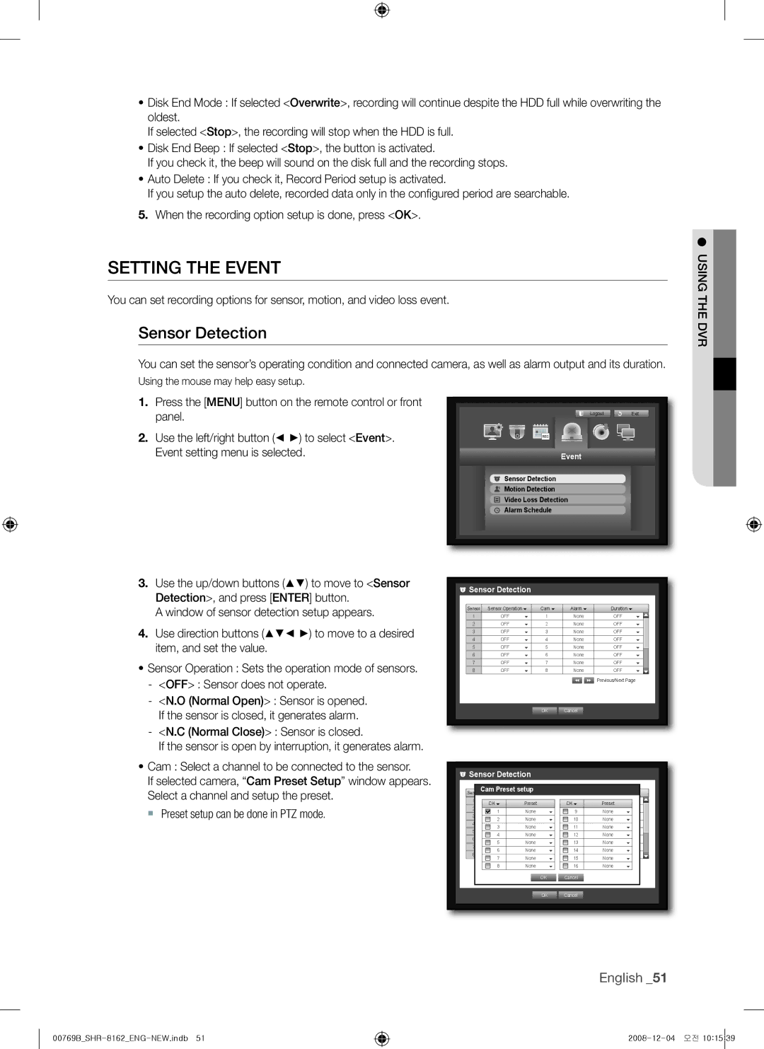 Samsung SHR-8162, SHR-7082 Setting the event, Sensor detection, Normal close Sensor is closed, Event, Sensor Detection 